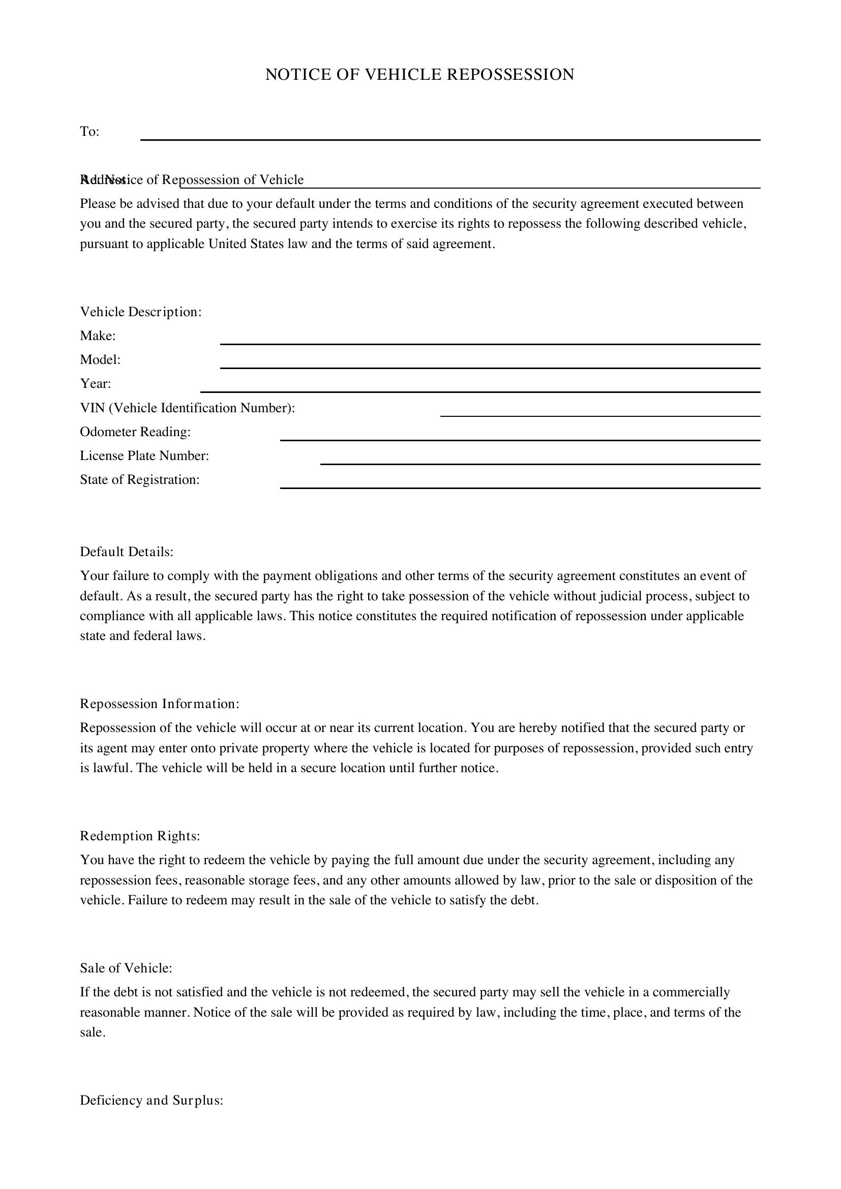 Notice Of Vehicle Repossession Letter Template - US