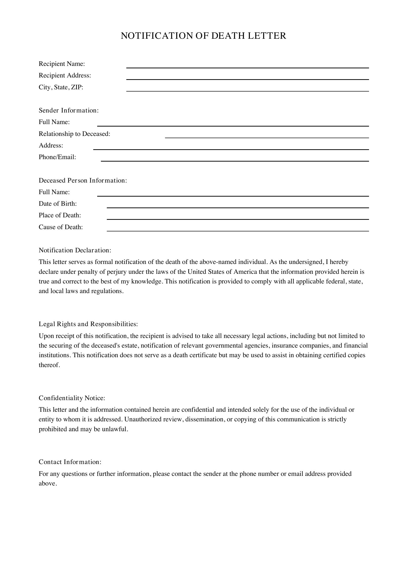 Notification Of Death Letter Template - US