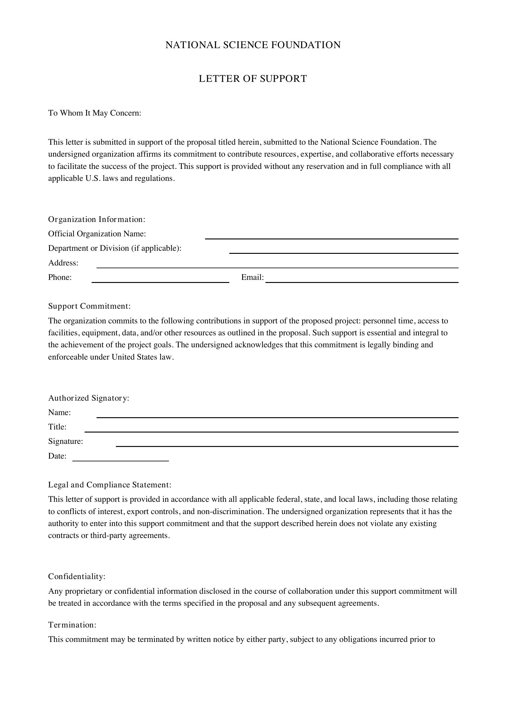Nsf Letter Of Support Template - US