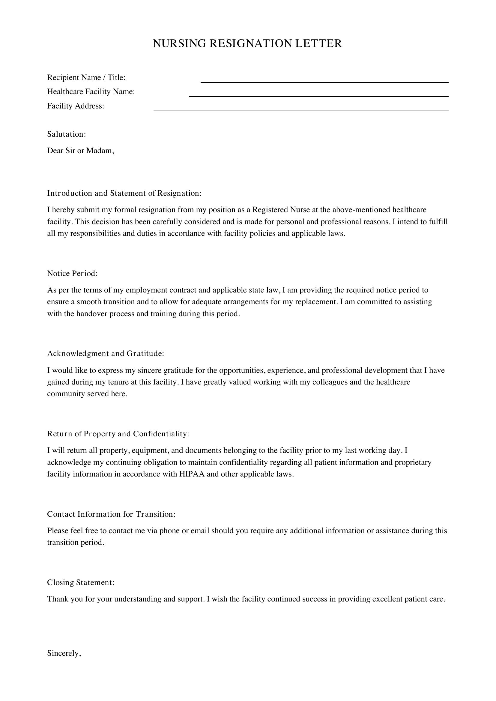Nursing Resignation Letter Template - US