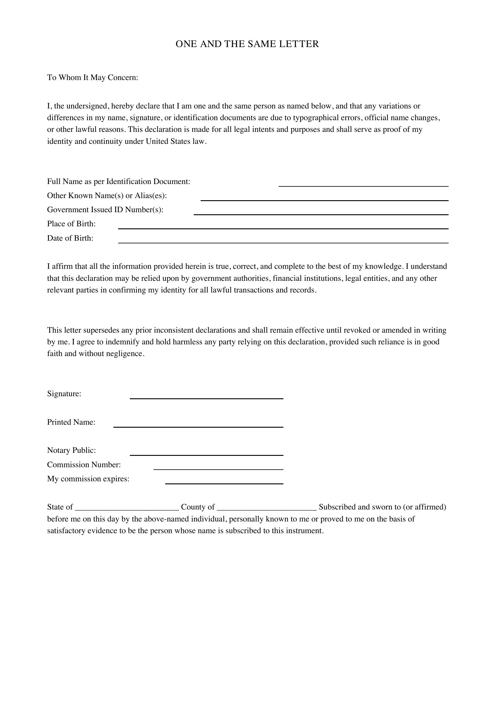 One And The Same Letter Template - US