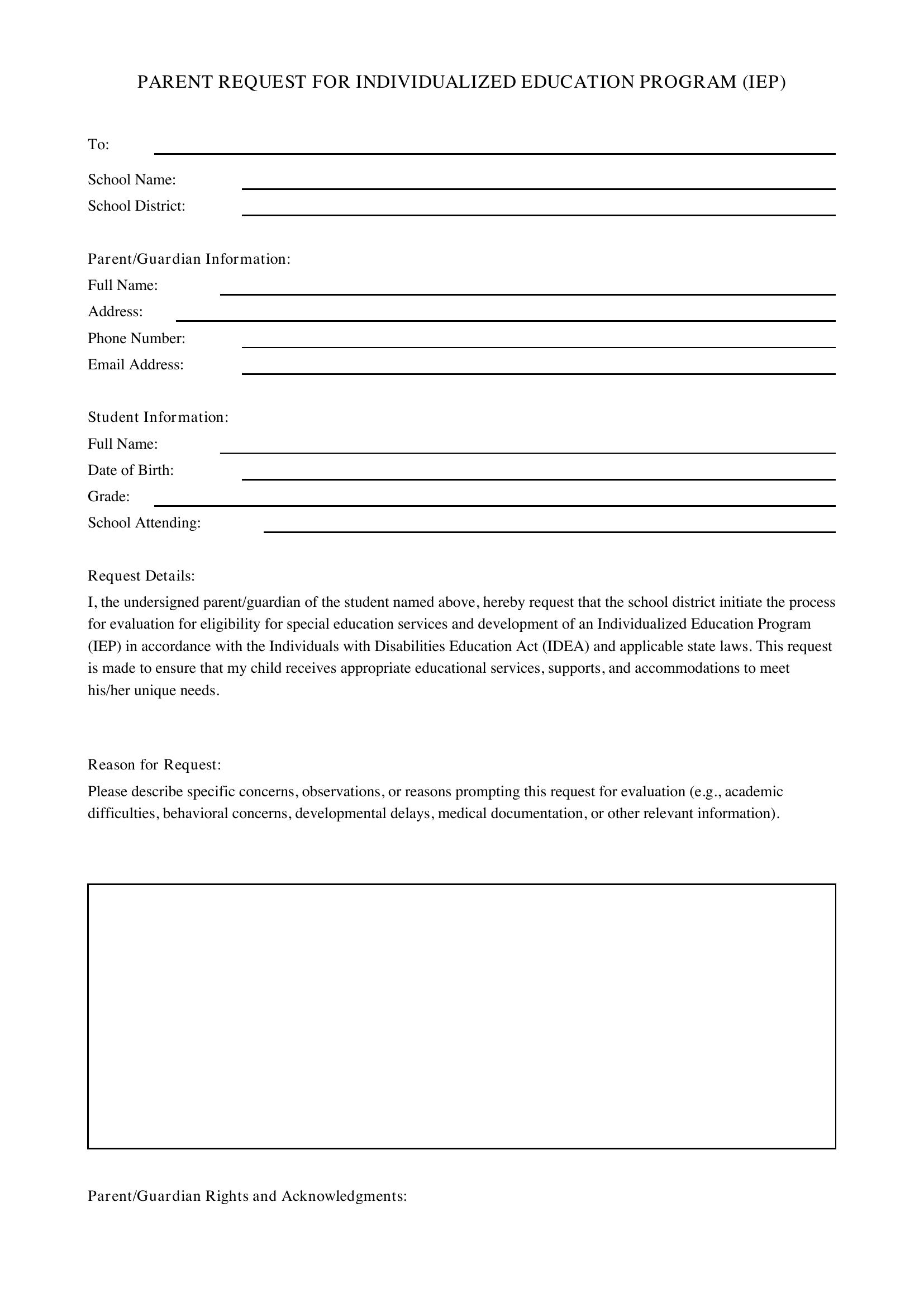 Parent Iep Request Letter Template - US