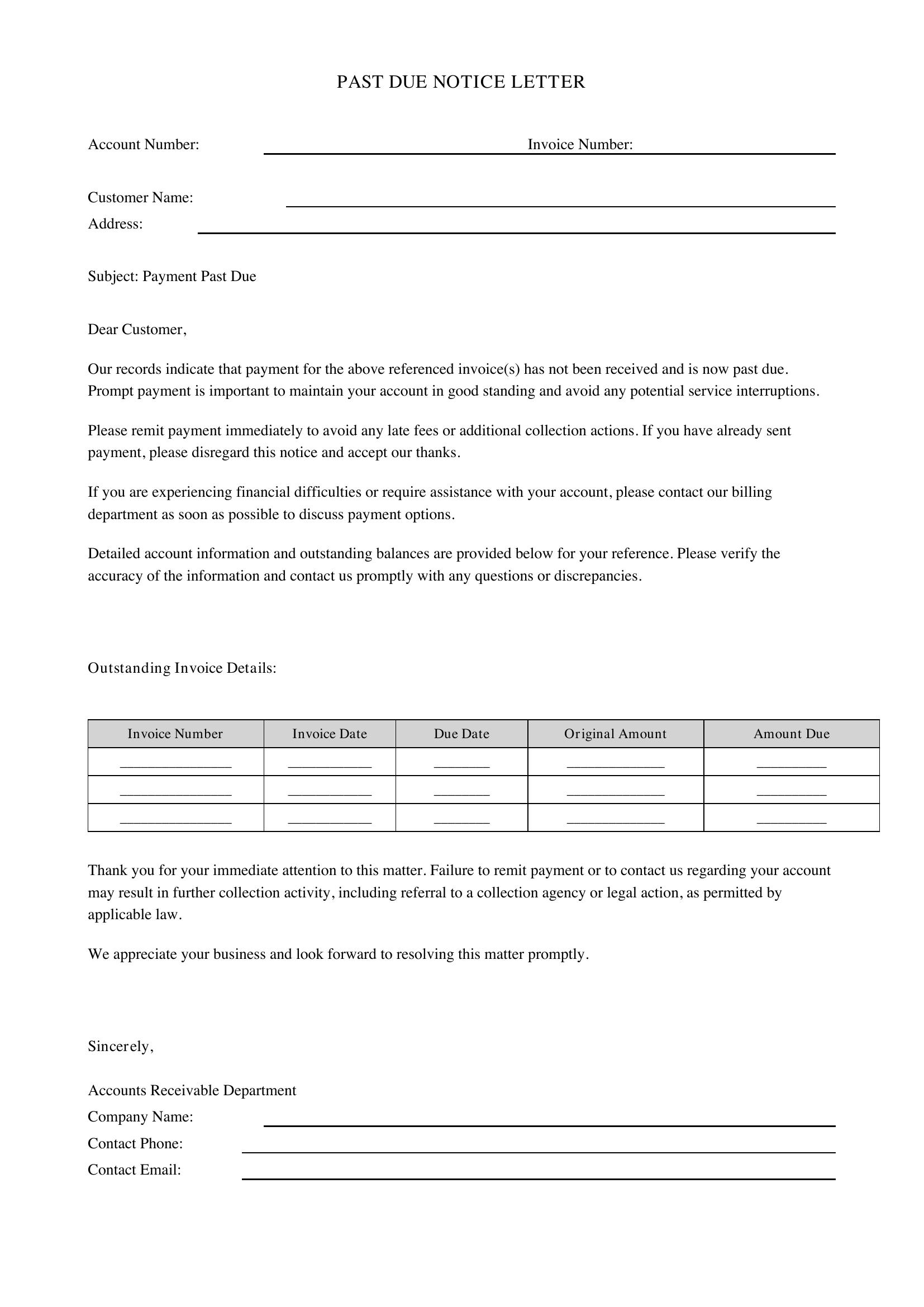 Past Due Letter Template - US