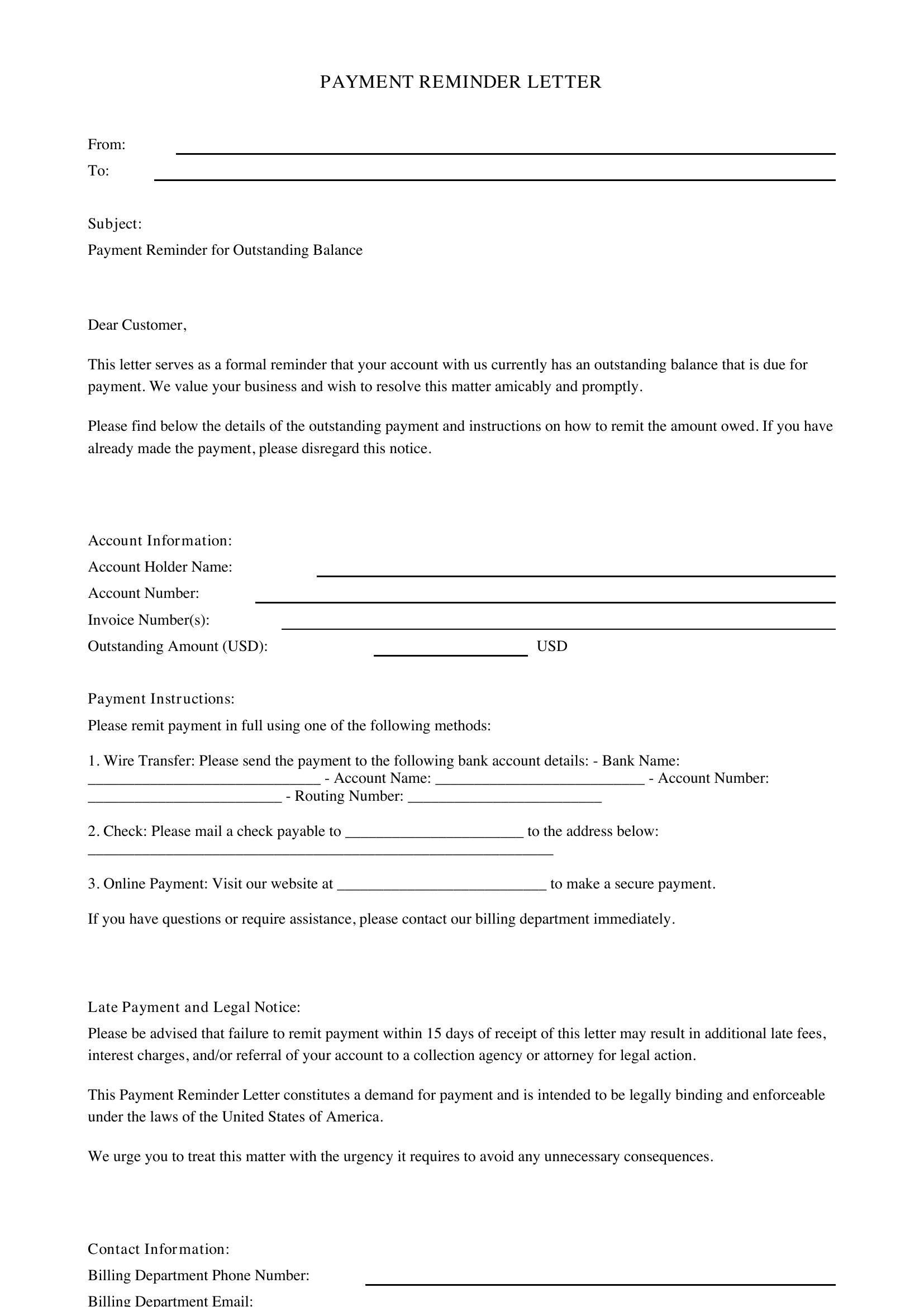 Payment Reminder Letter Template - US