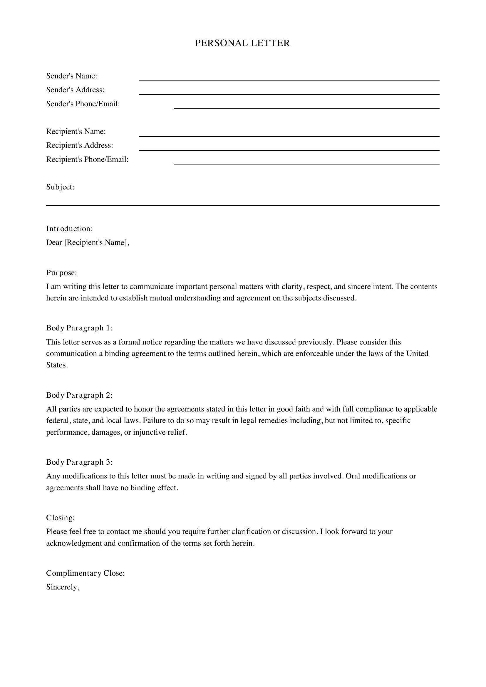 Personal Letter Template - US