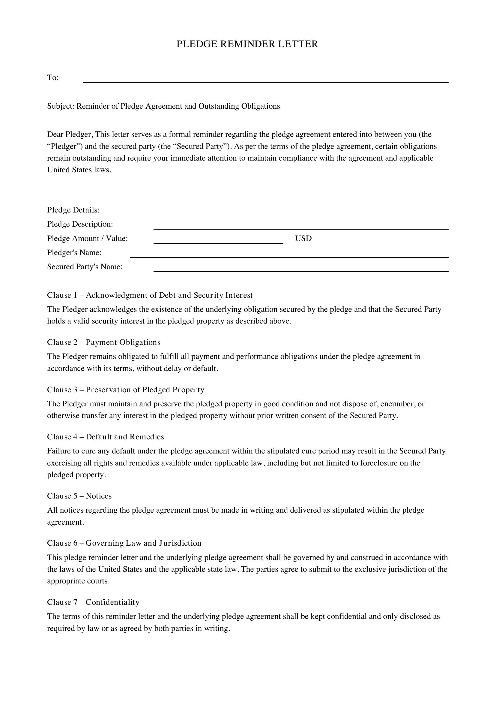 Pledge Reminder Letter Template - US