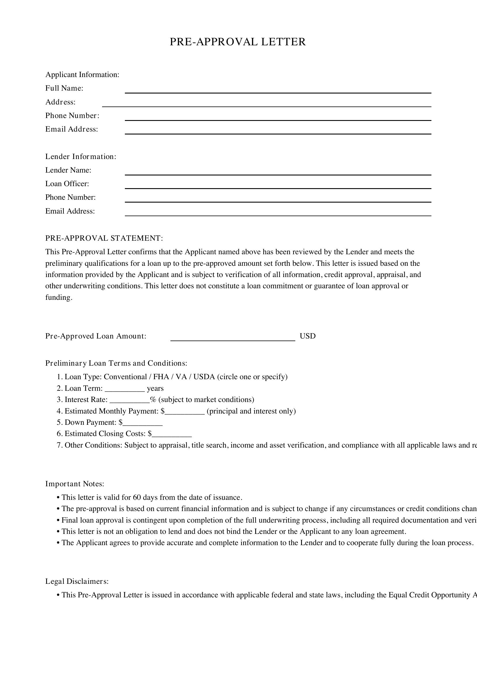 Pre Approval Letter Template - US