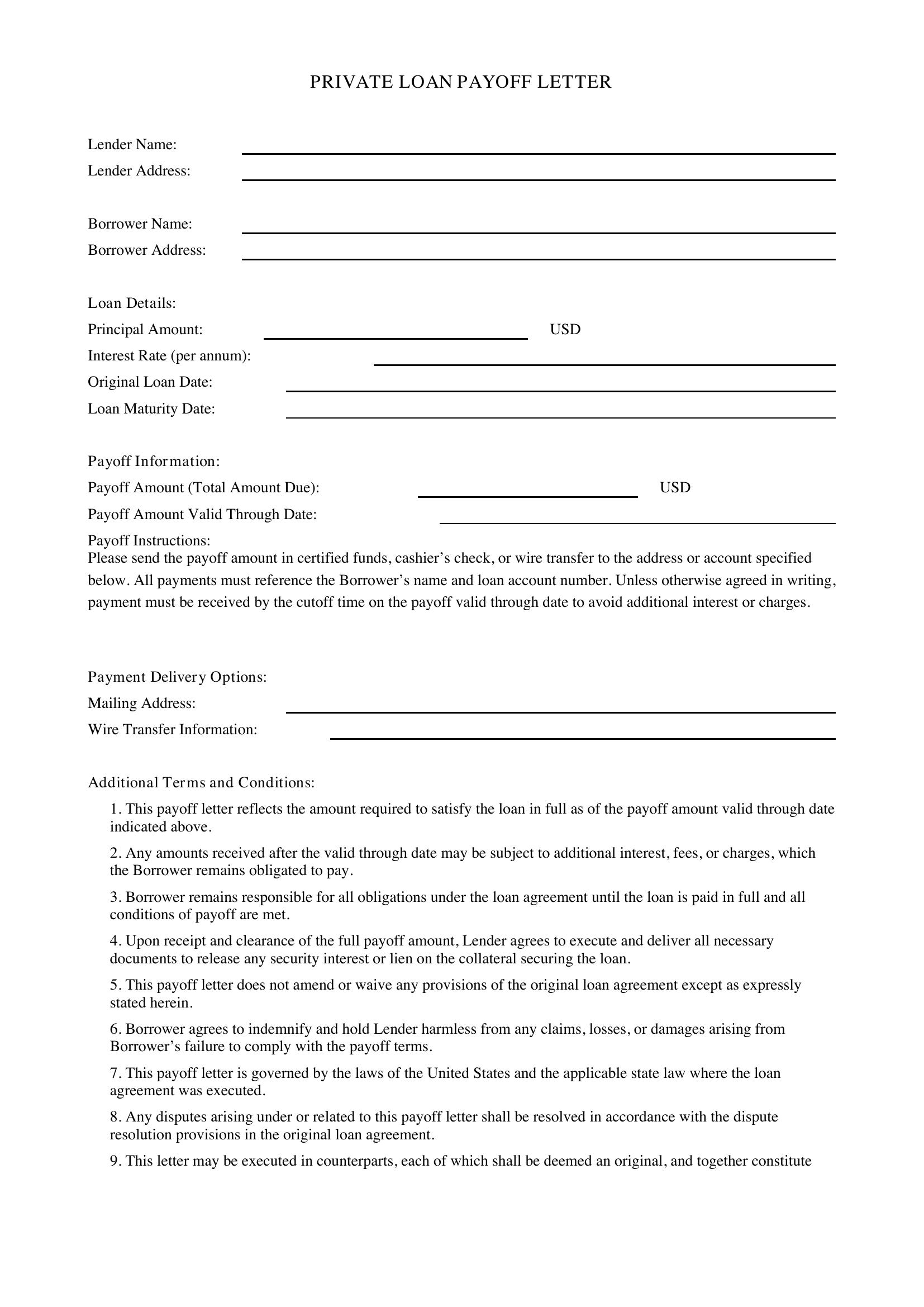 Private Loan Payoff Letter Template - US
