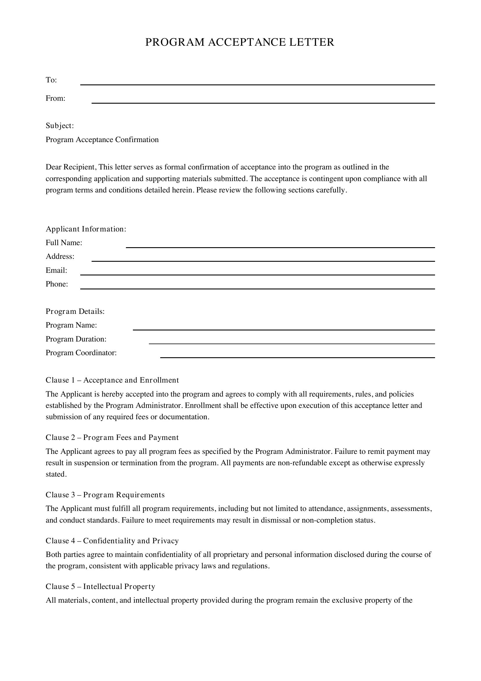 Program Acceptance Letter Template - US