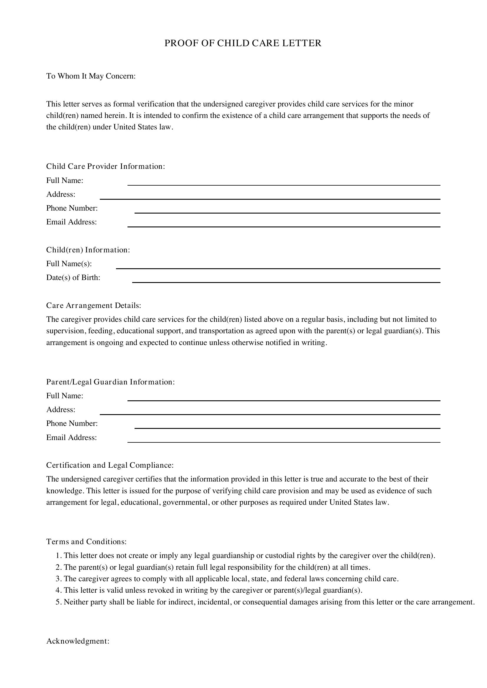 Proof Of Child Care Letter Template - US