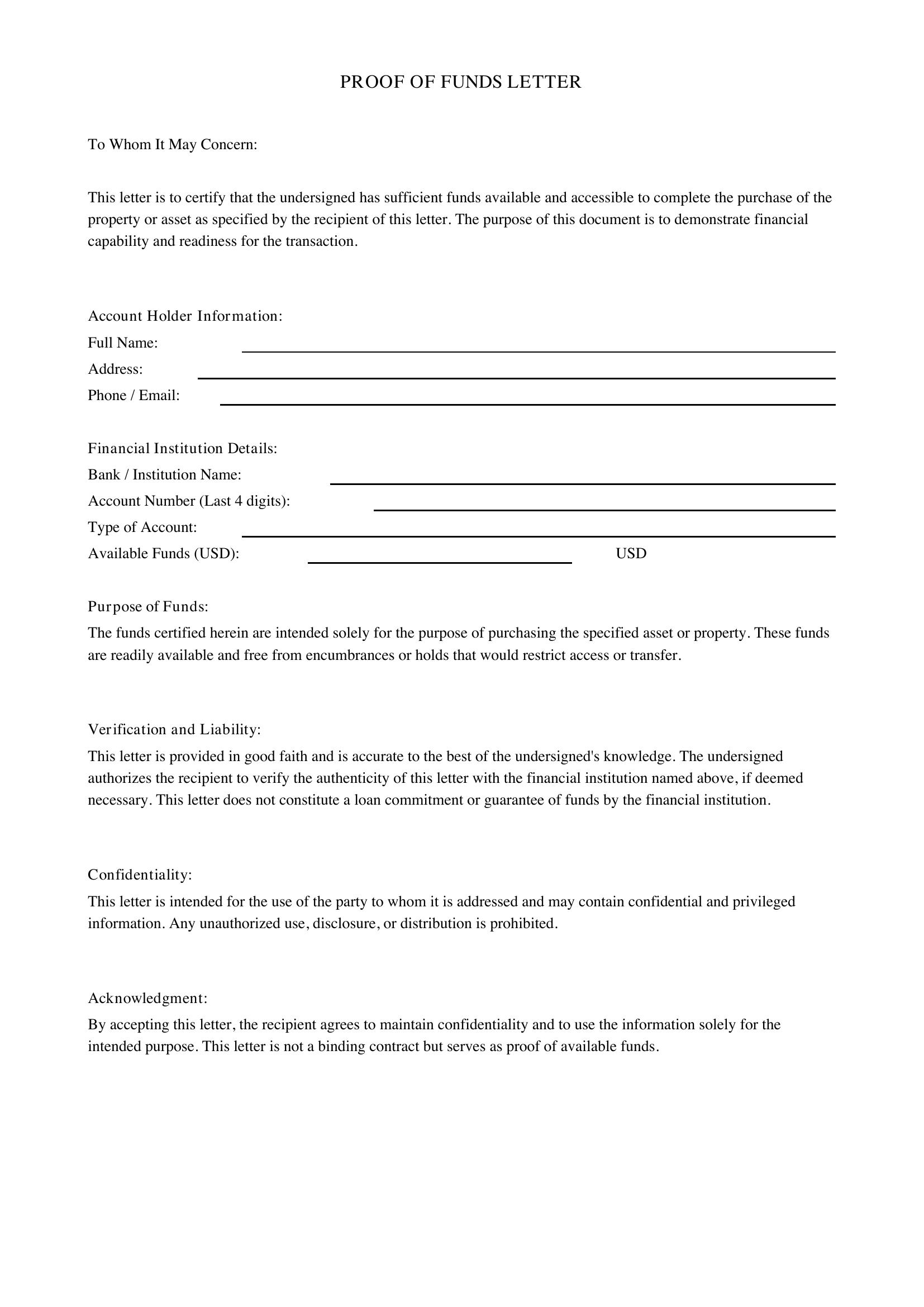 Proof Of Funds Letter Template - US