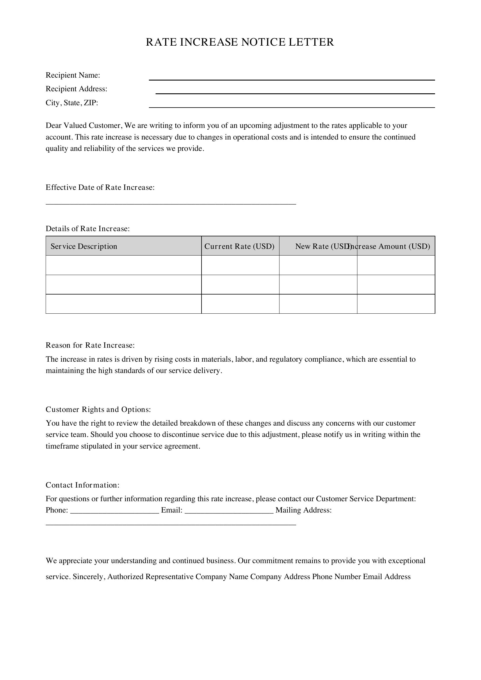 Rate Increase Letter Template - US