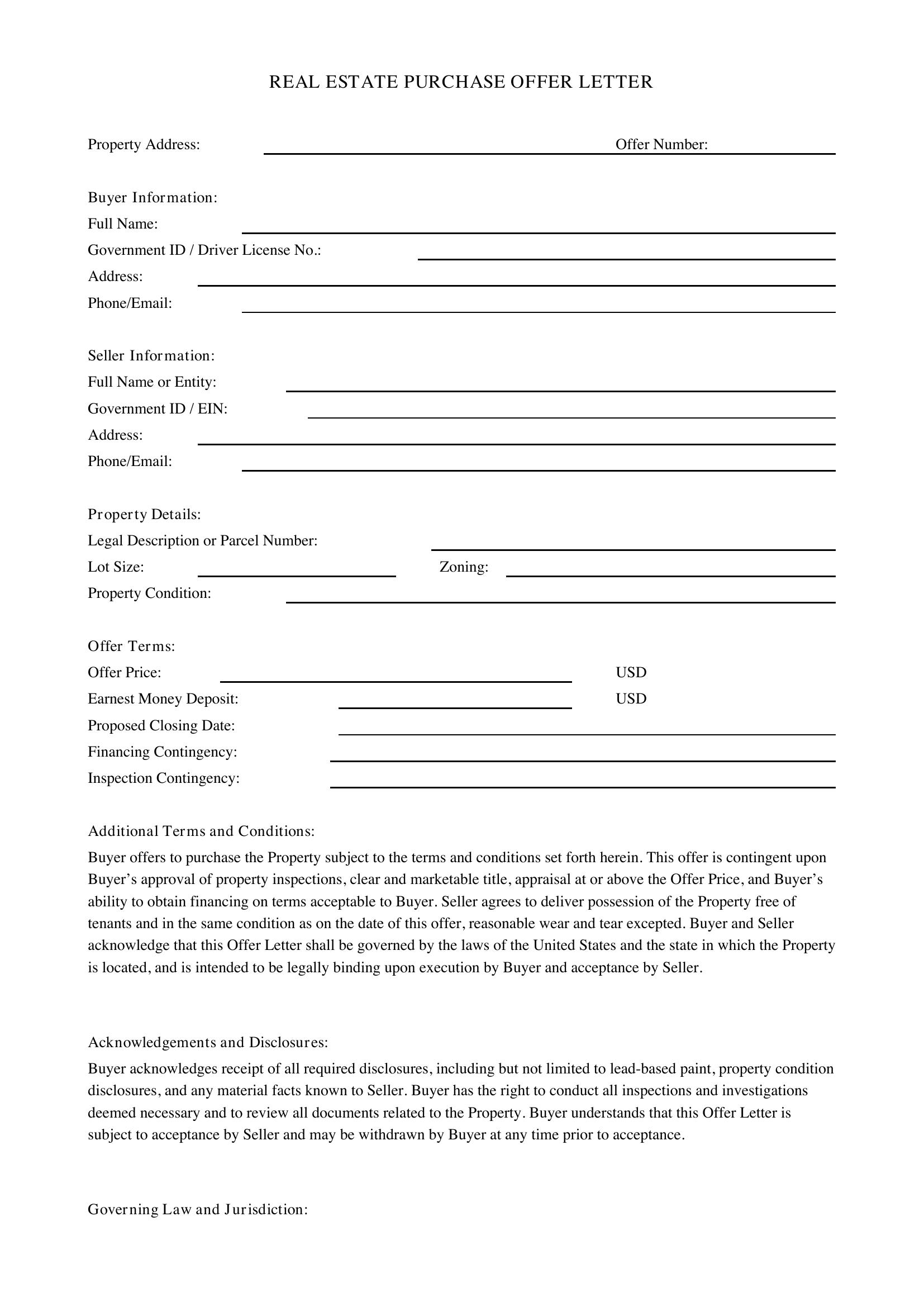 Real Estate Offer Letter Template - US
