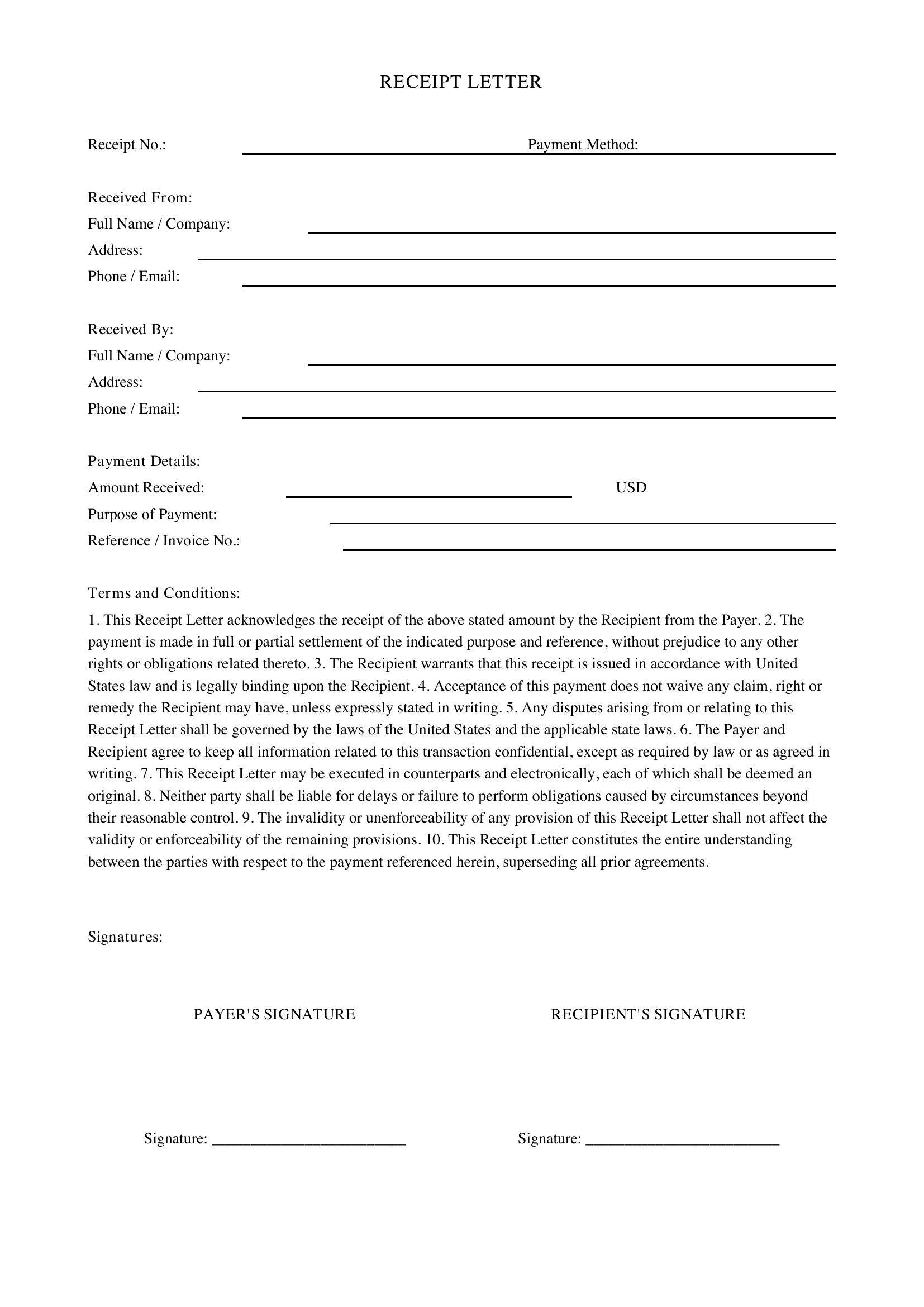 Receipt Letter Template - US