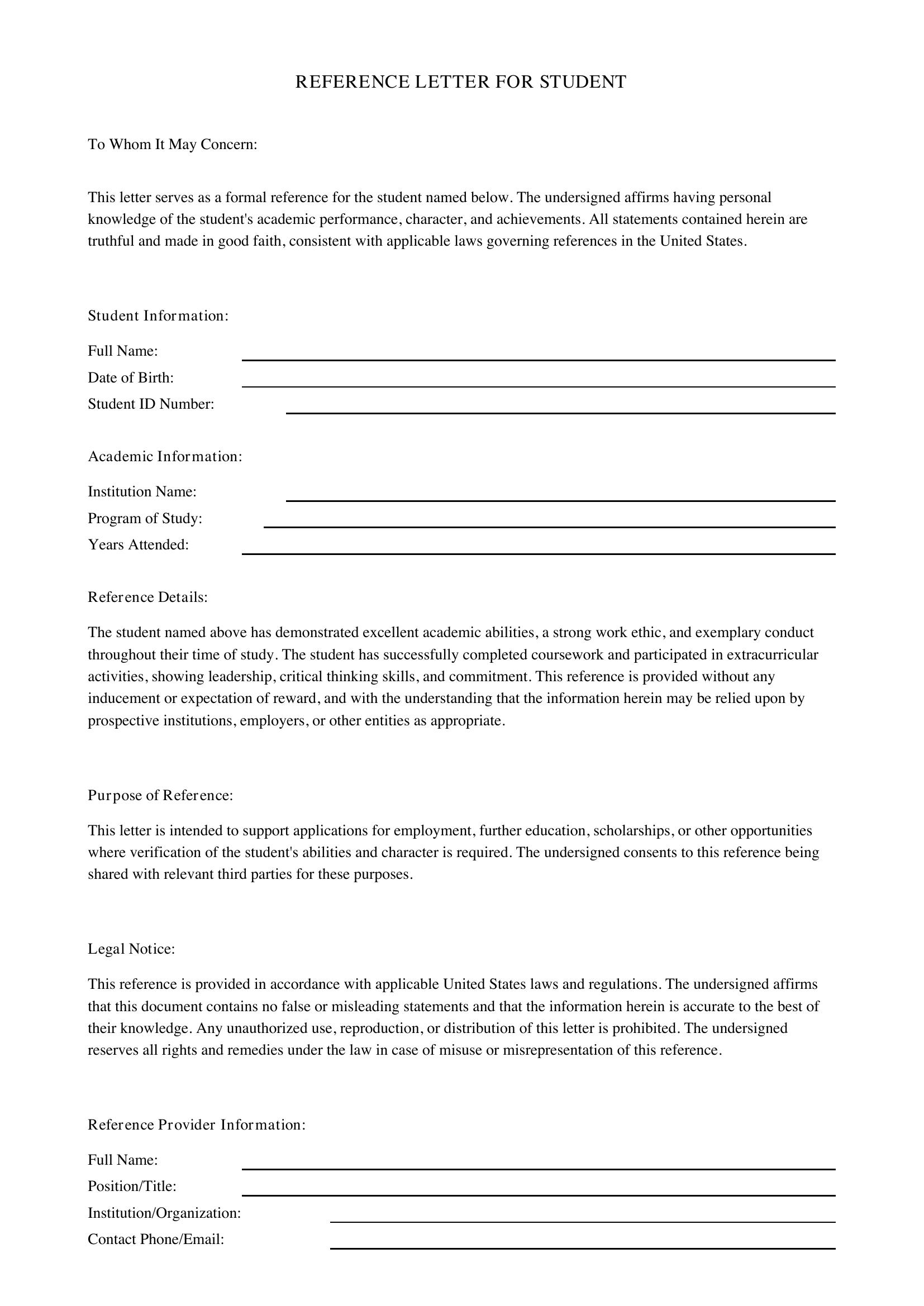 Reference Letter For Student Template - US