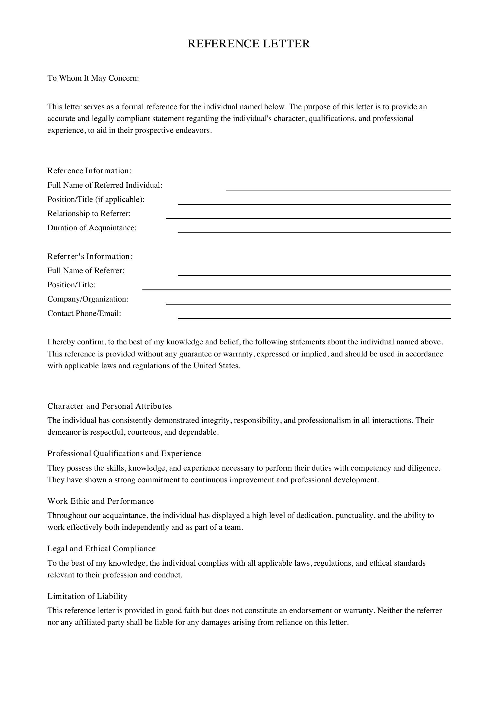 Reference Letter Template - US