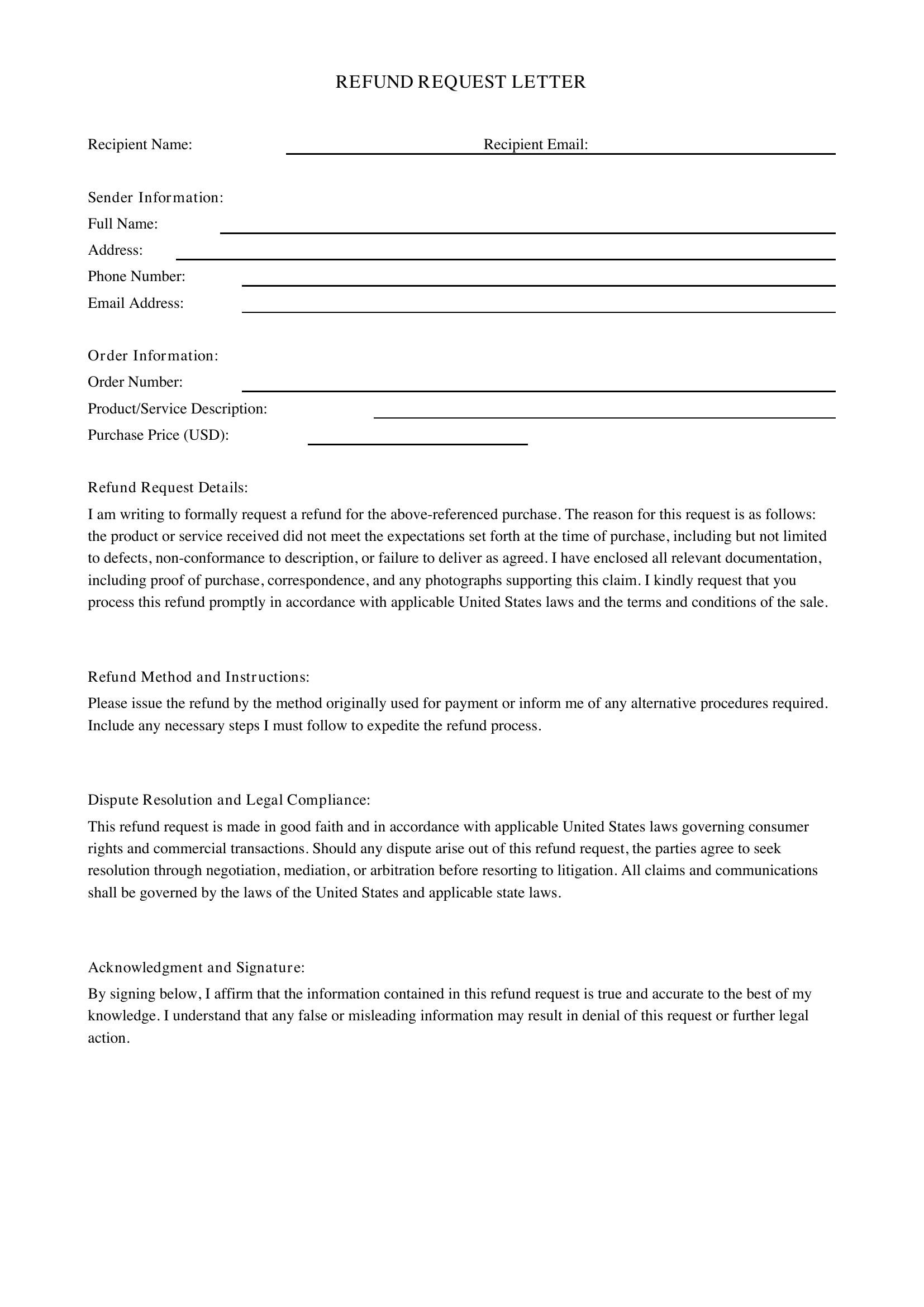 Refund Request Letter Template - US