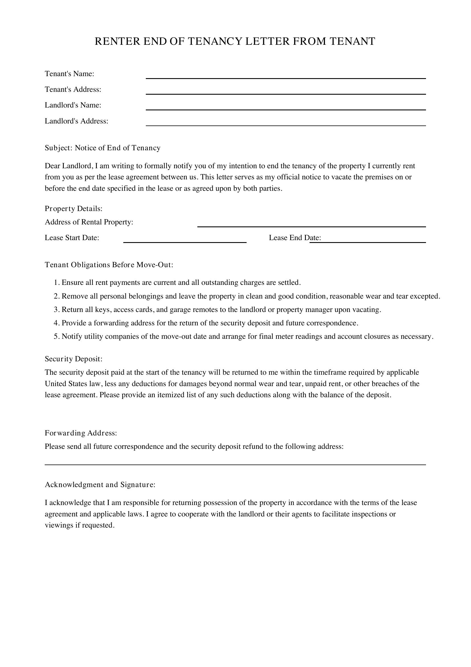 Renter End Of Tenancy Letter From Tenant Template - US
