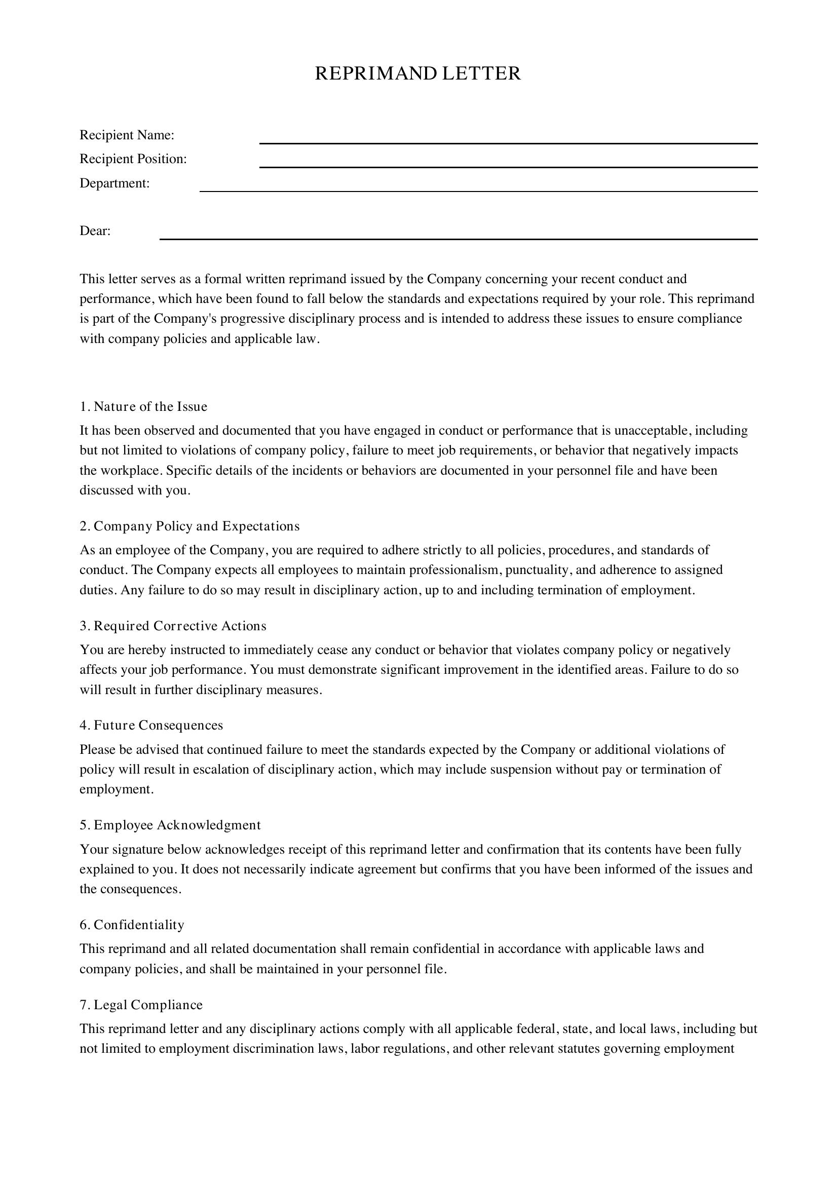 Reprimand Letter Template - US