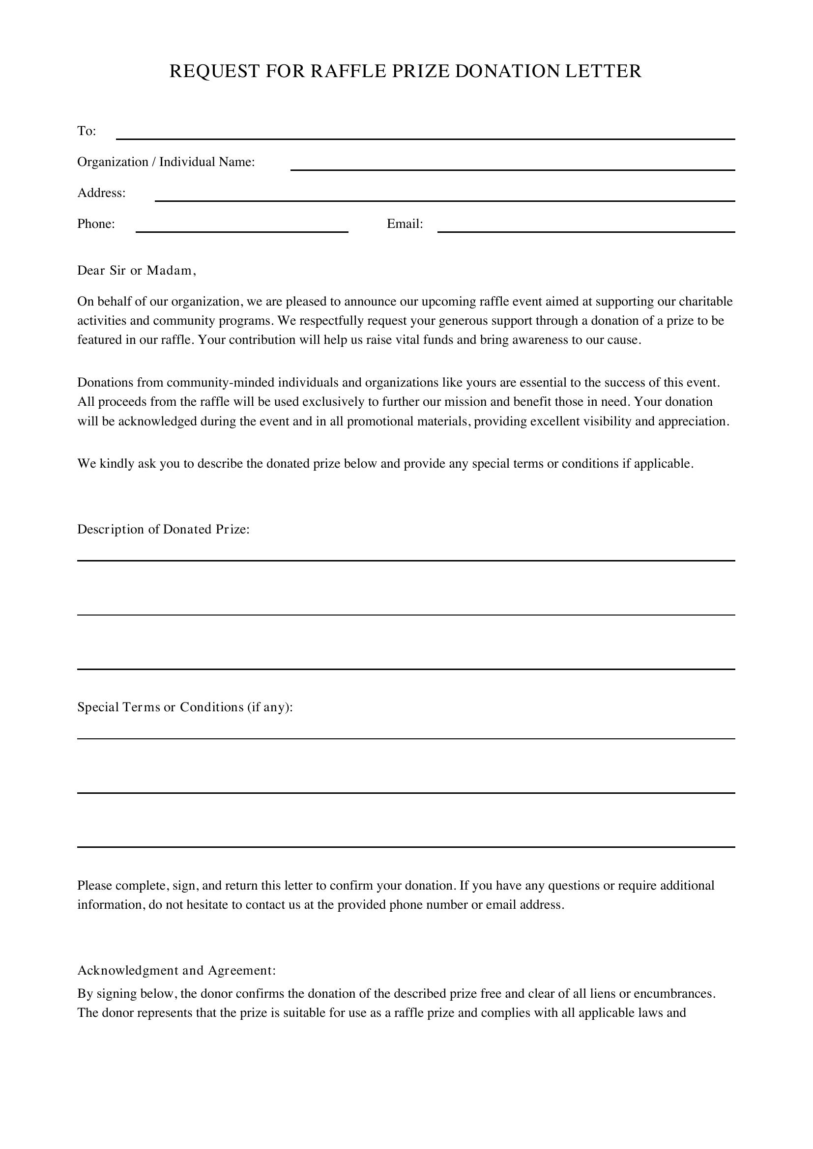 Request Raffle Prize Donation Letter Template - US