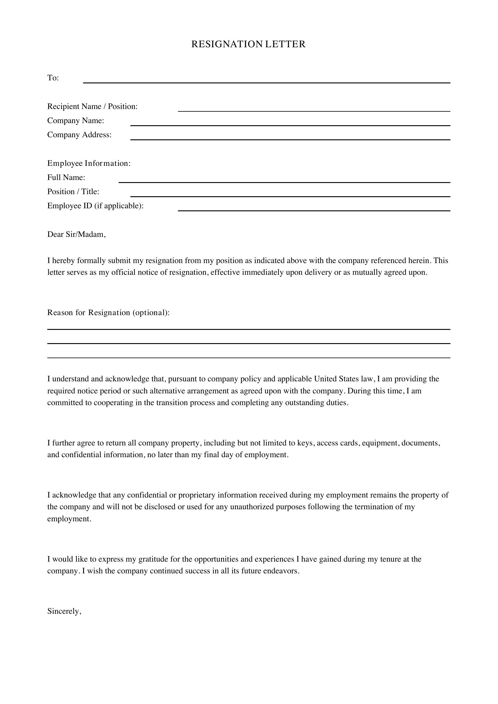 Resign Letter Template - US