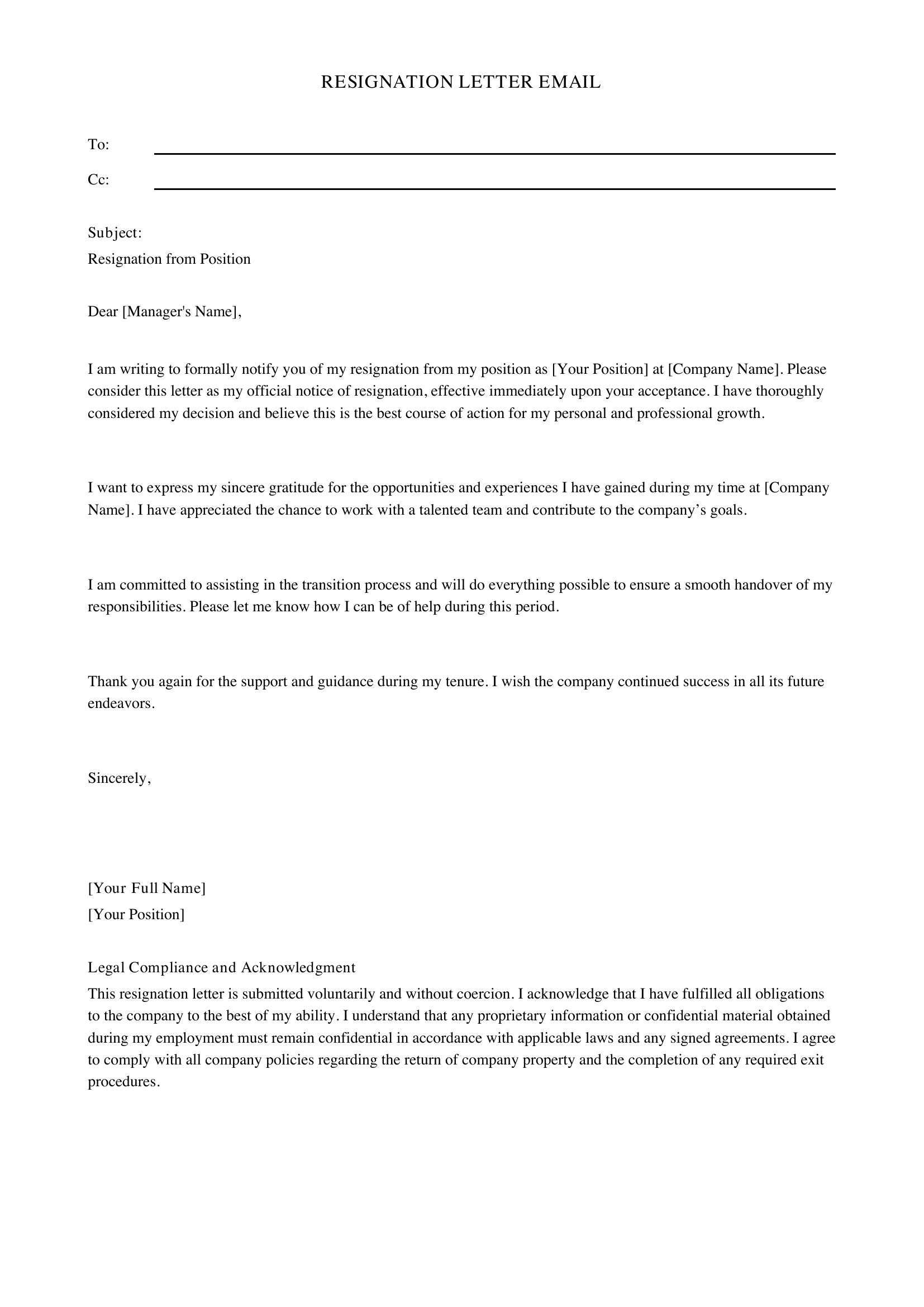 Resignation Letter Email Template - US