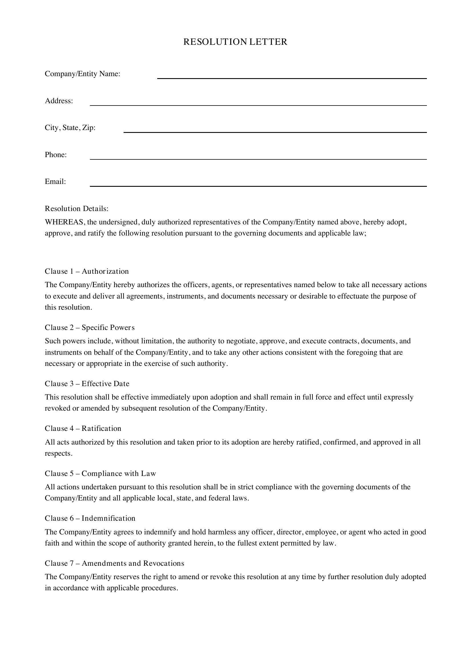 Resolution Letter Template - US