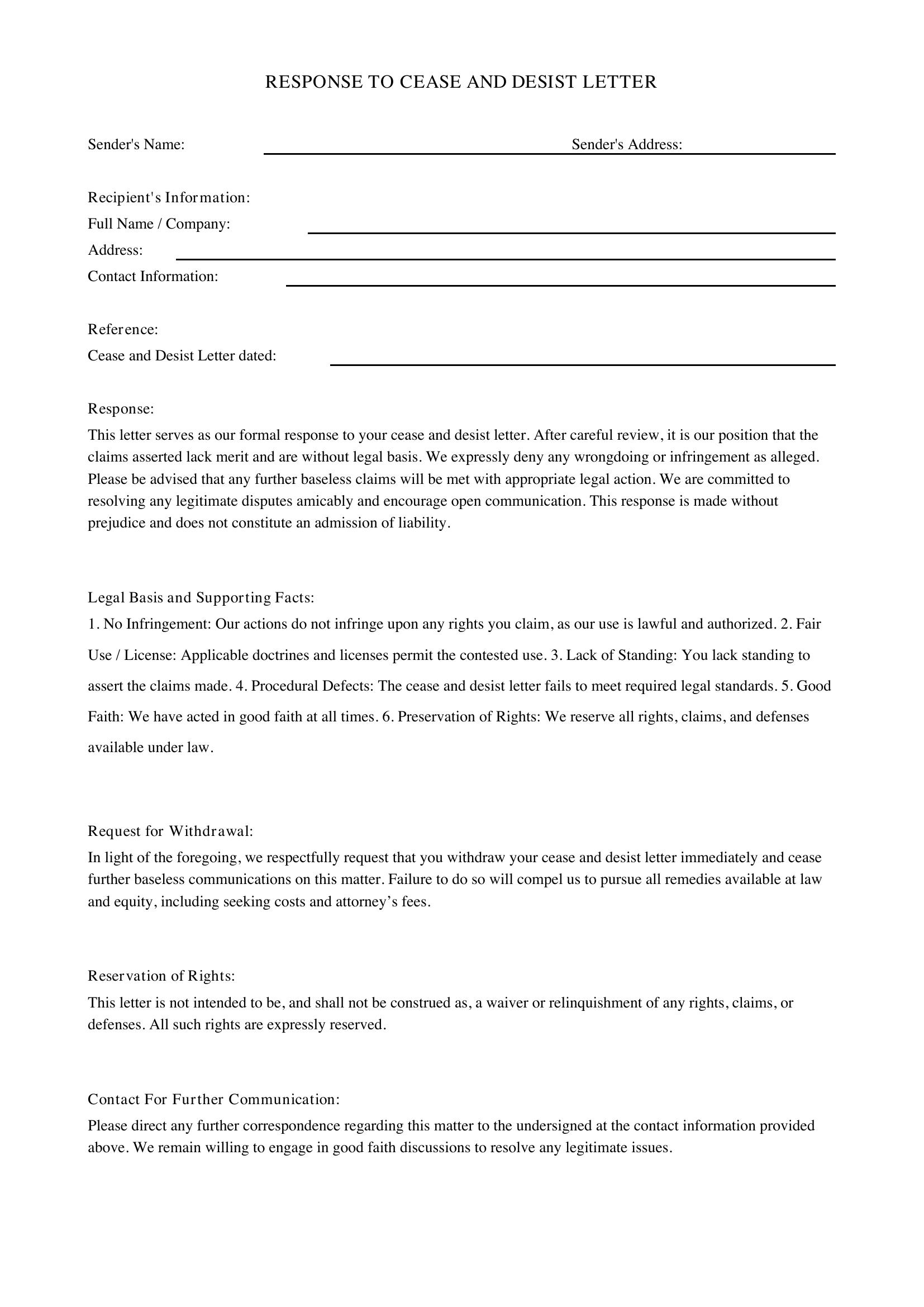 Response To Cease And Desist Letter Template - US