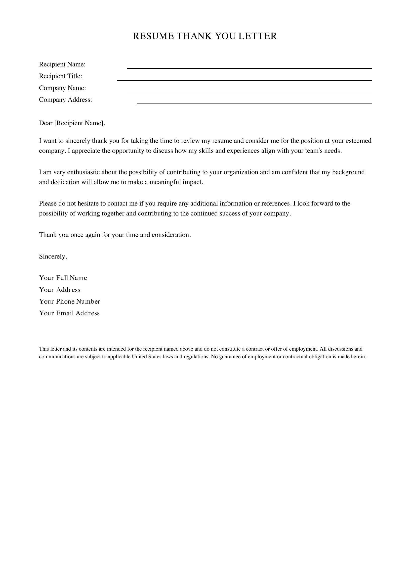 Resume Thank You Letter Template - US