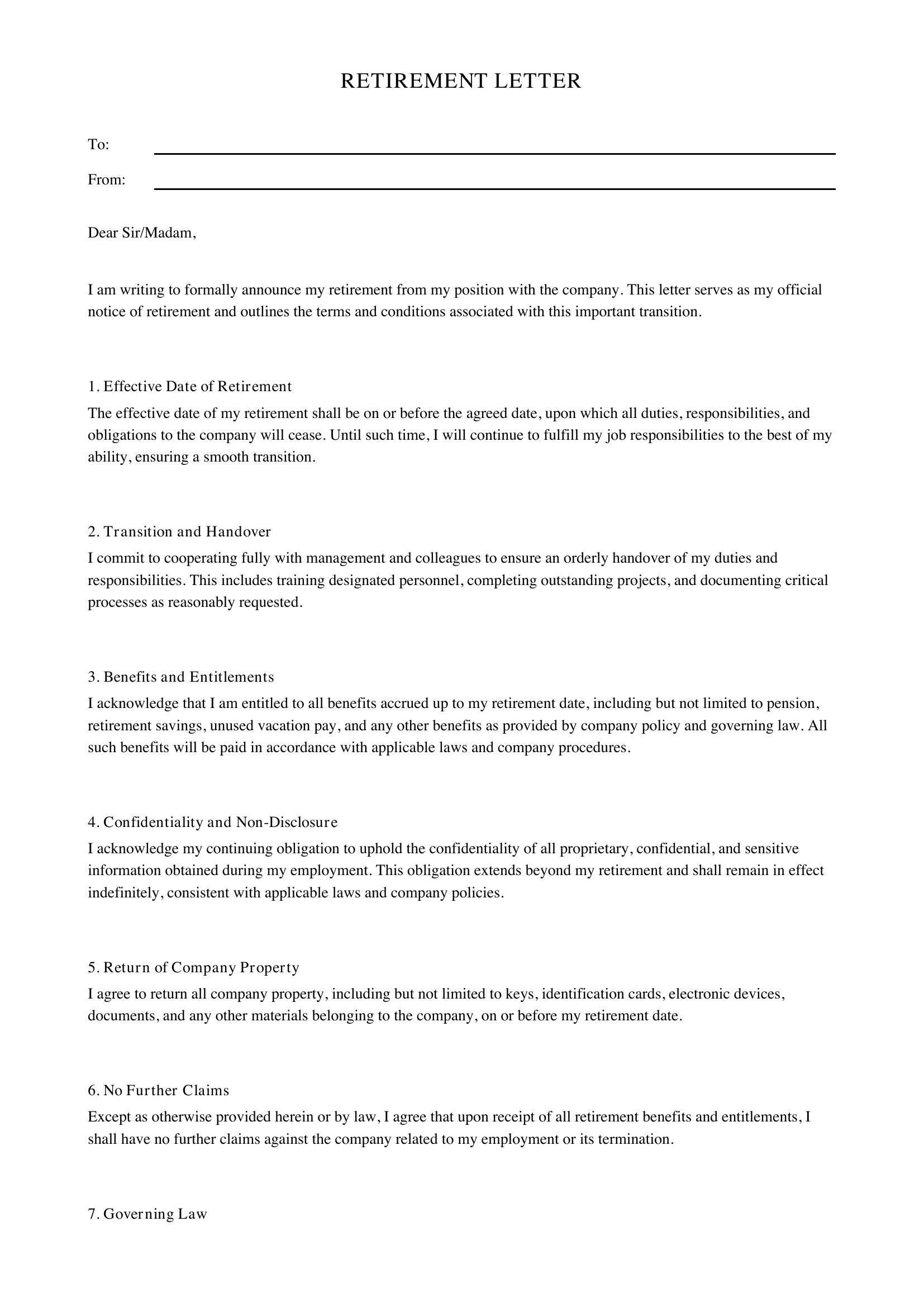 Retirement Letter Template - US
