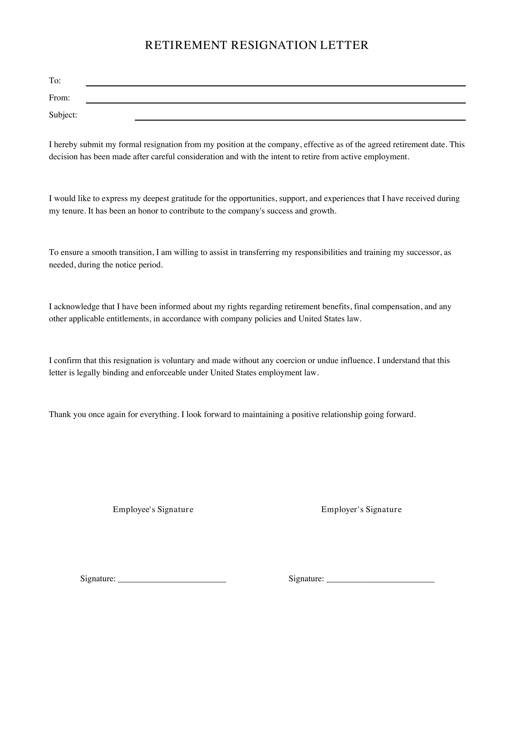 Retirement Resignation Letter Template - US