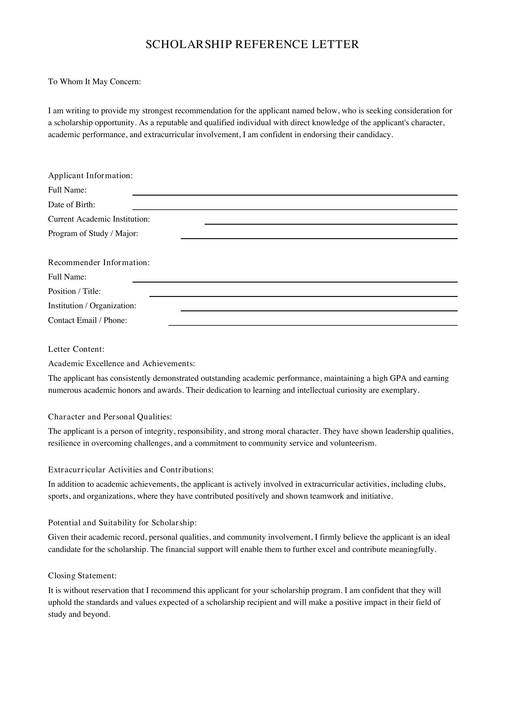 Scholarship Reference Letter Template - US