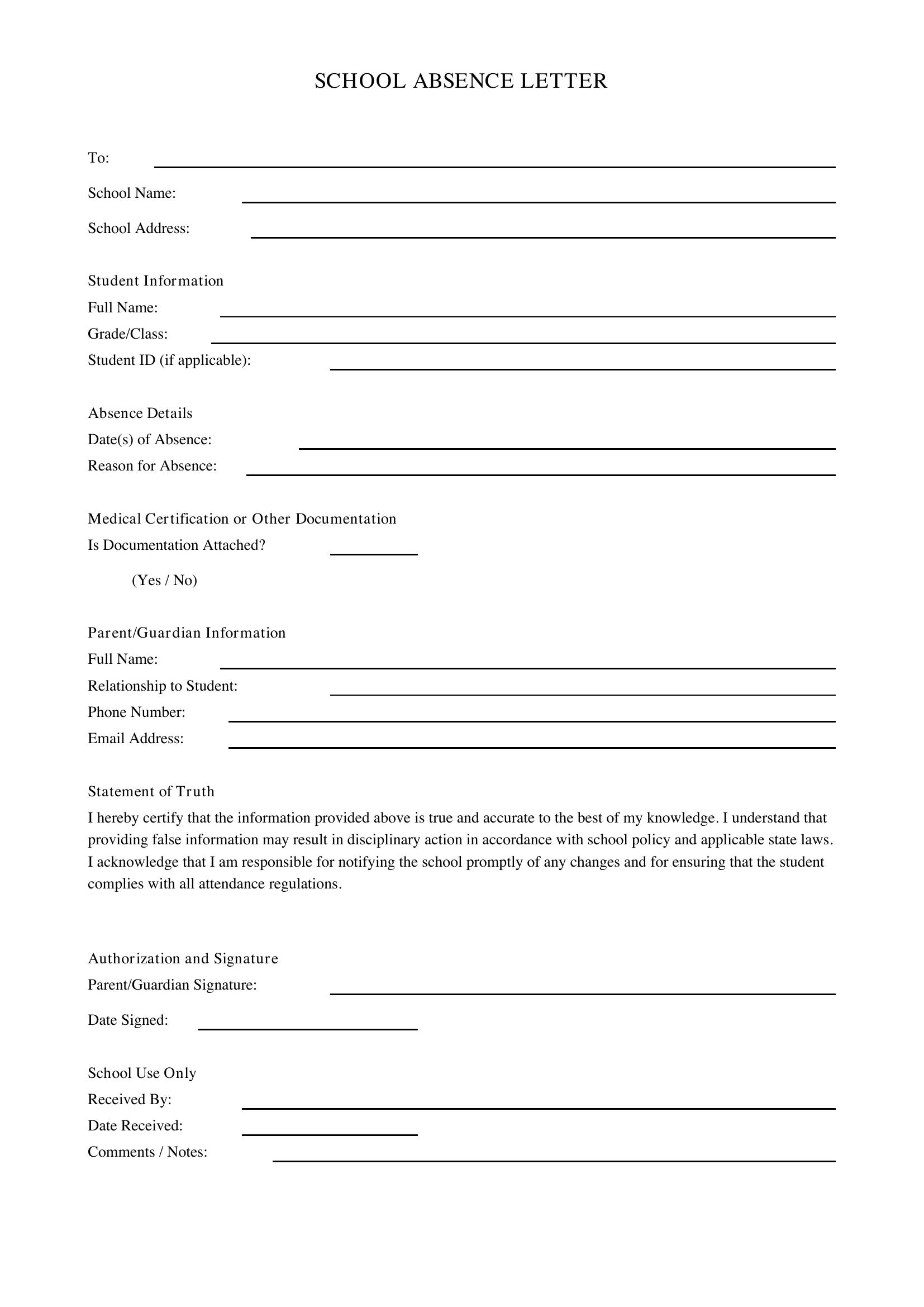 School Absence Letter Template - US