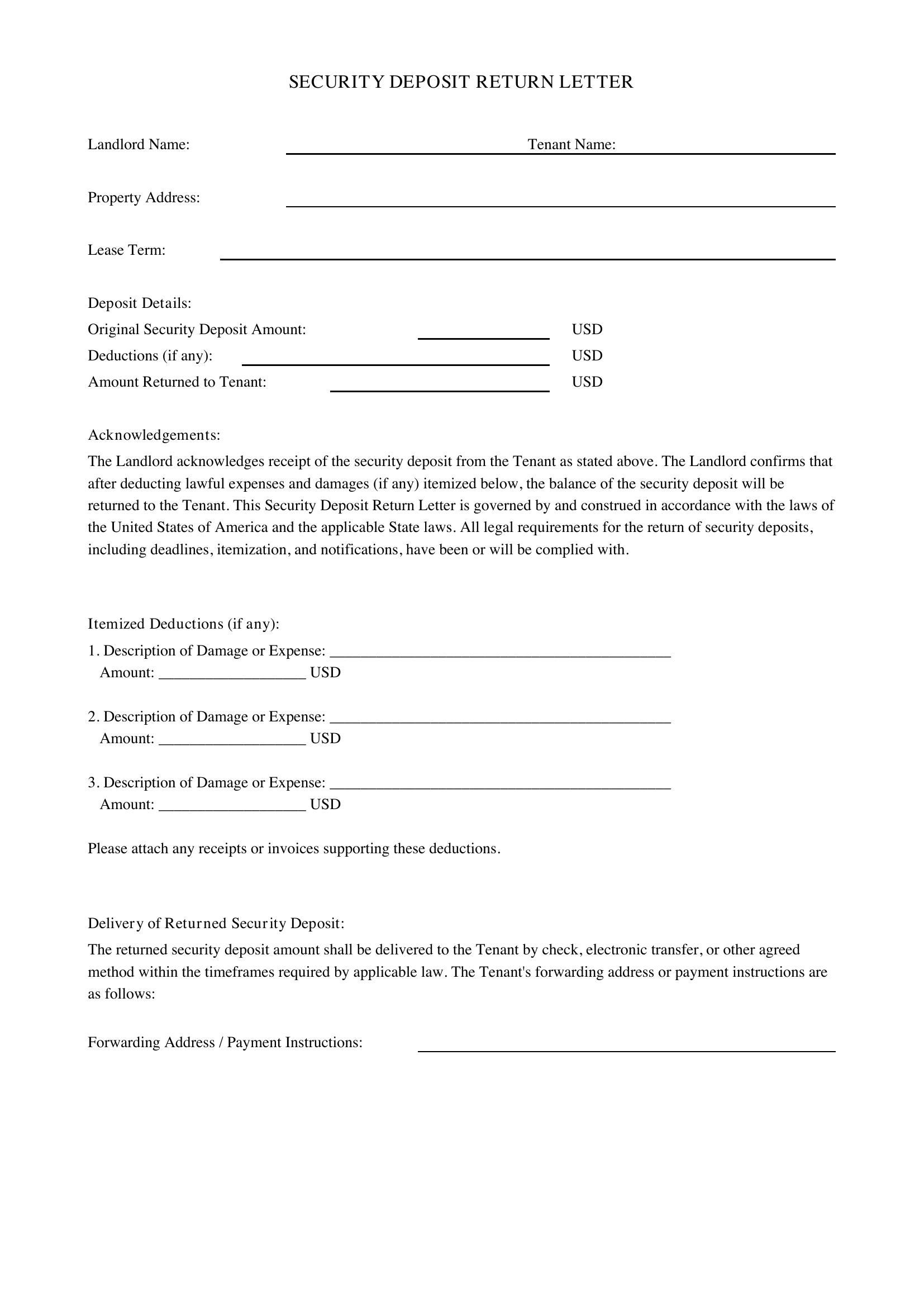 Security Deposit Return Letter Template - US