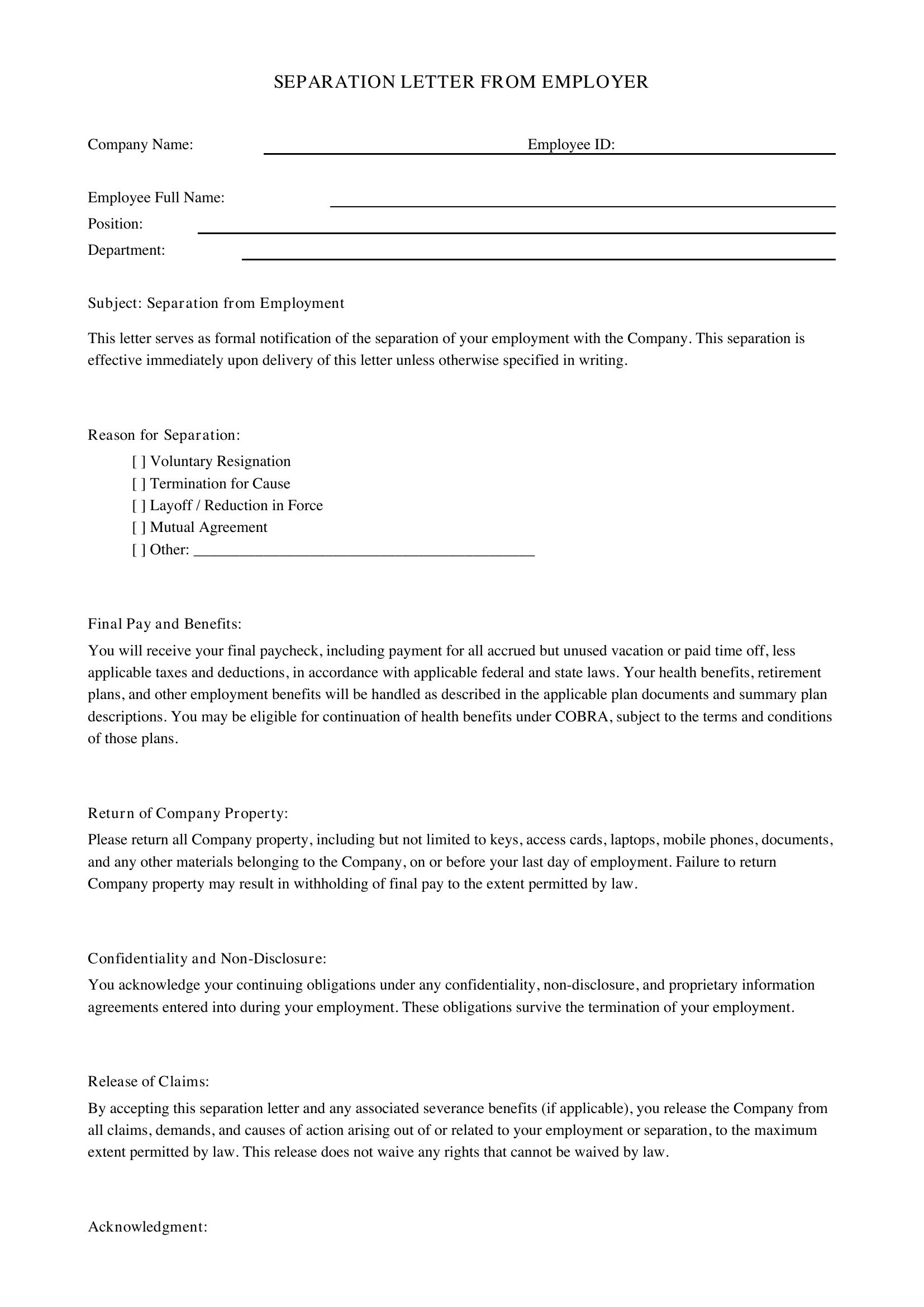 Separation Letter From Employer Template - US