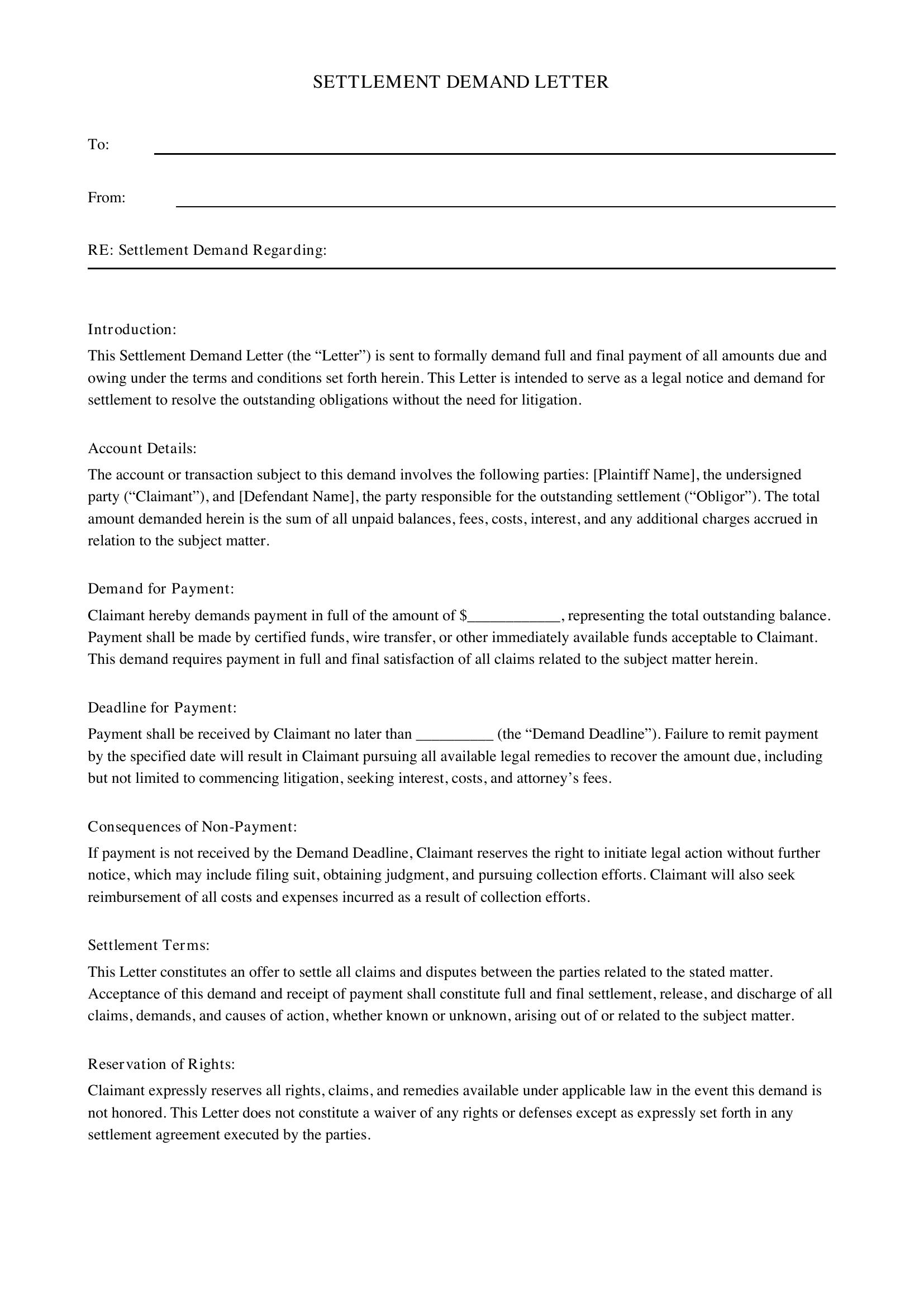 Settlement Demand Letter Template - US