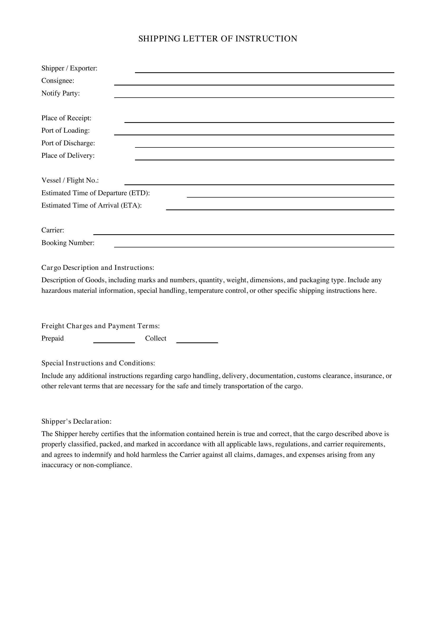 Shipping Letter Of Instruction Template - US