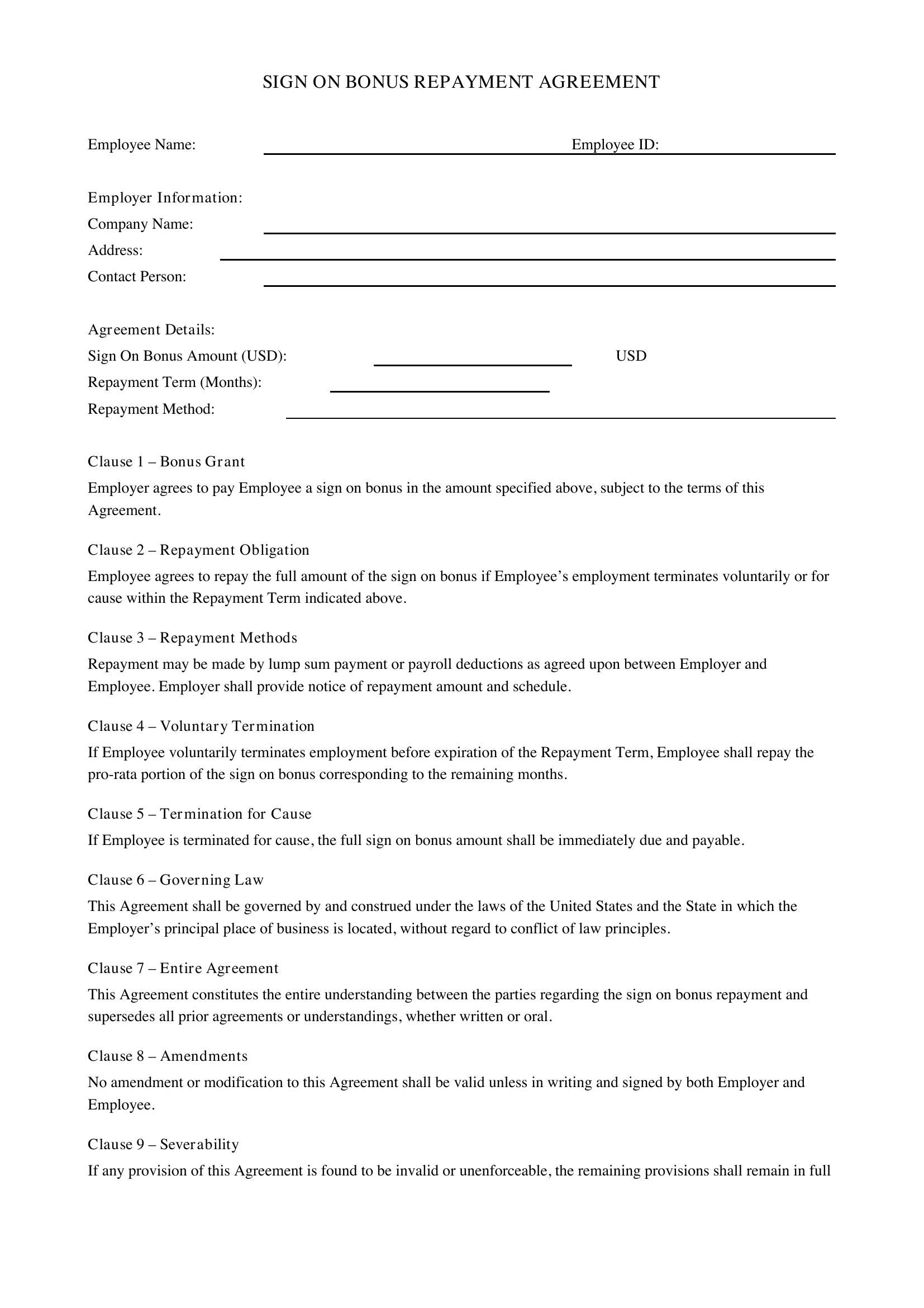 Sign On Bonus Repayment Letter Template - US