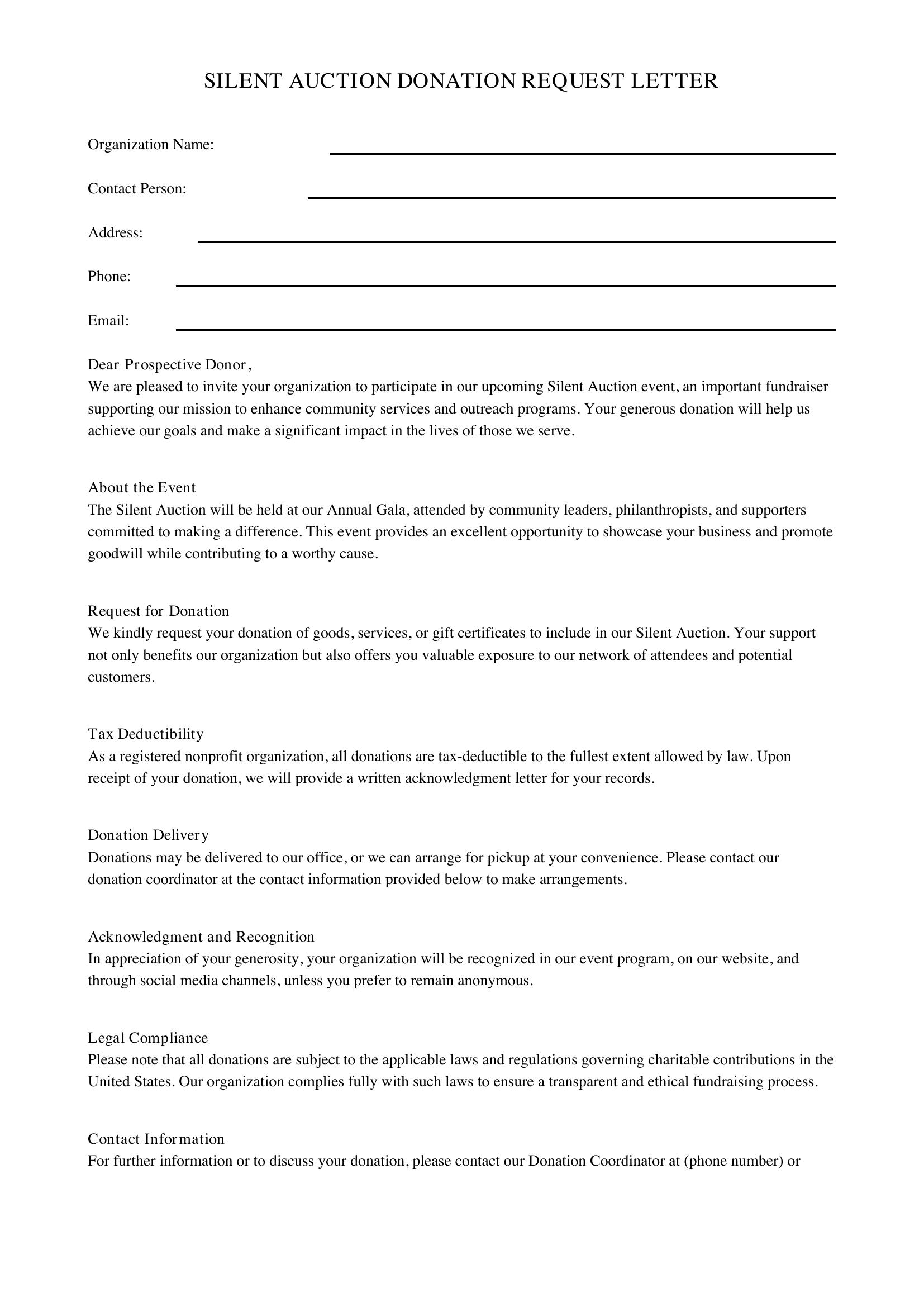 Silent Auction Donation Request Letter Template - US