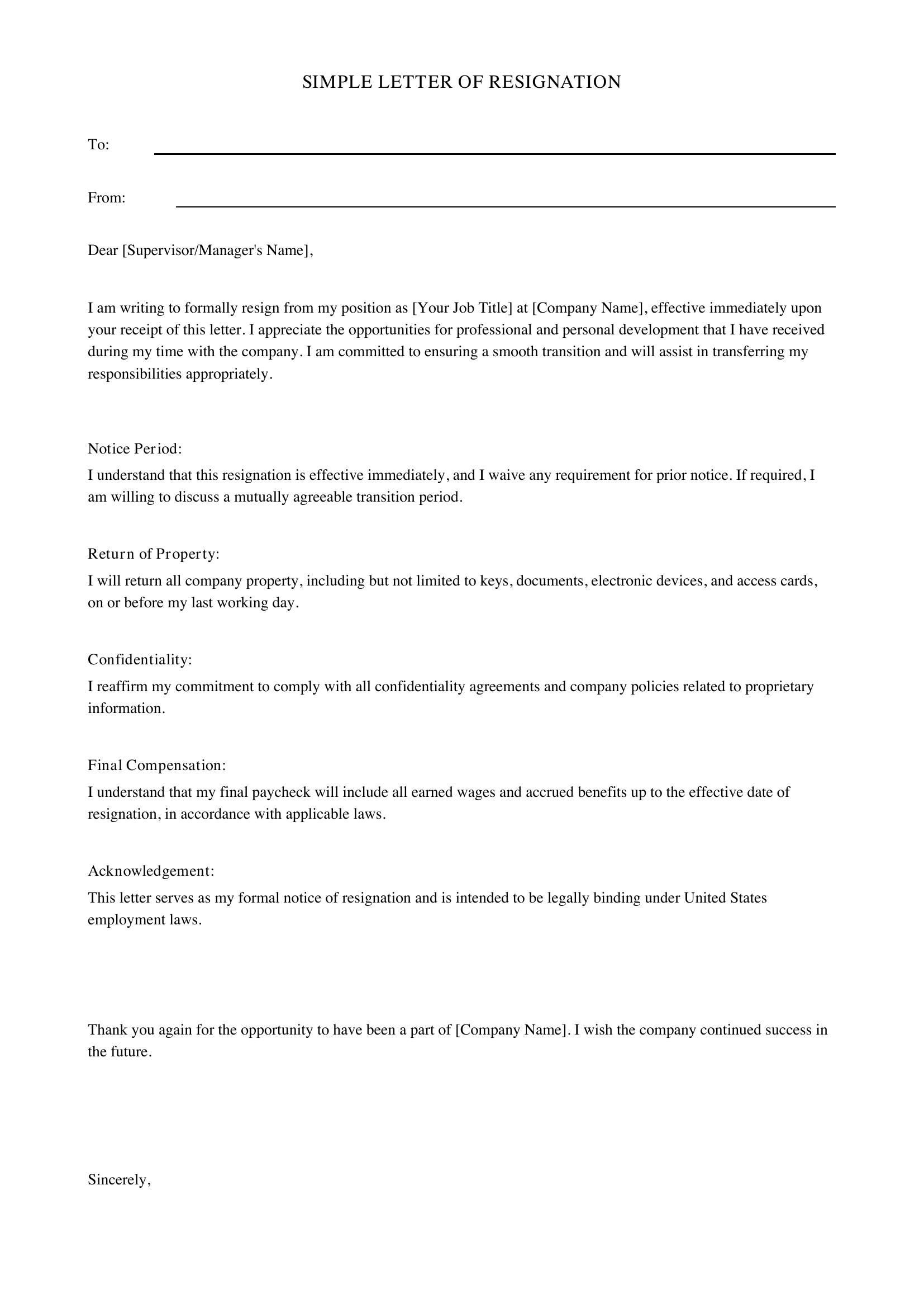 Simple Letter Of Resignation Template - US