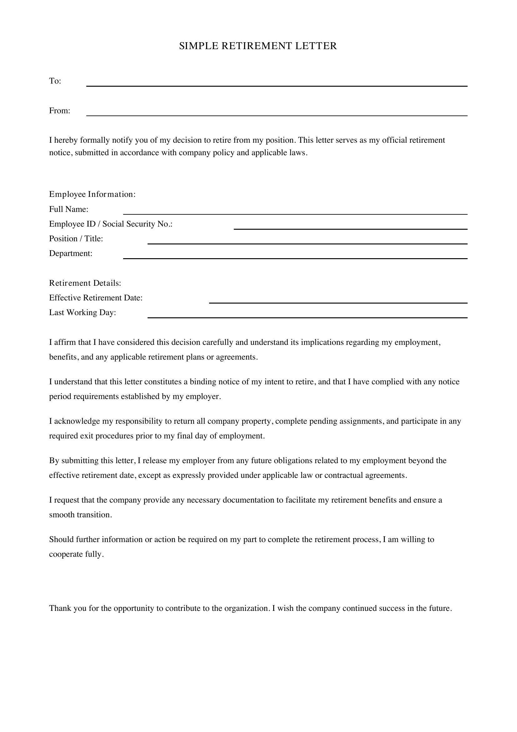 Simple Retirement Letter Template - US
