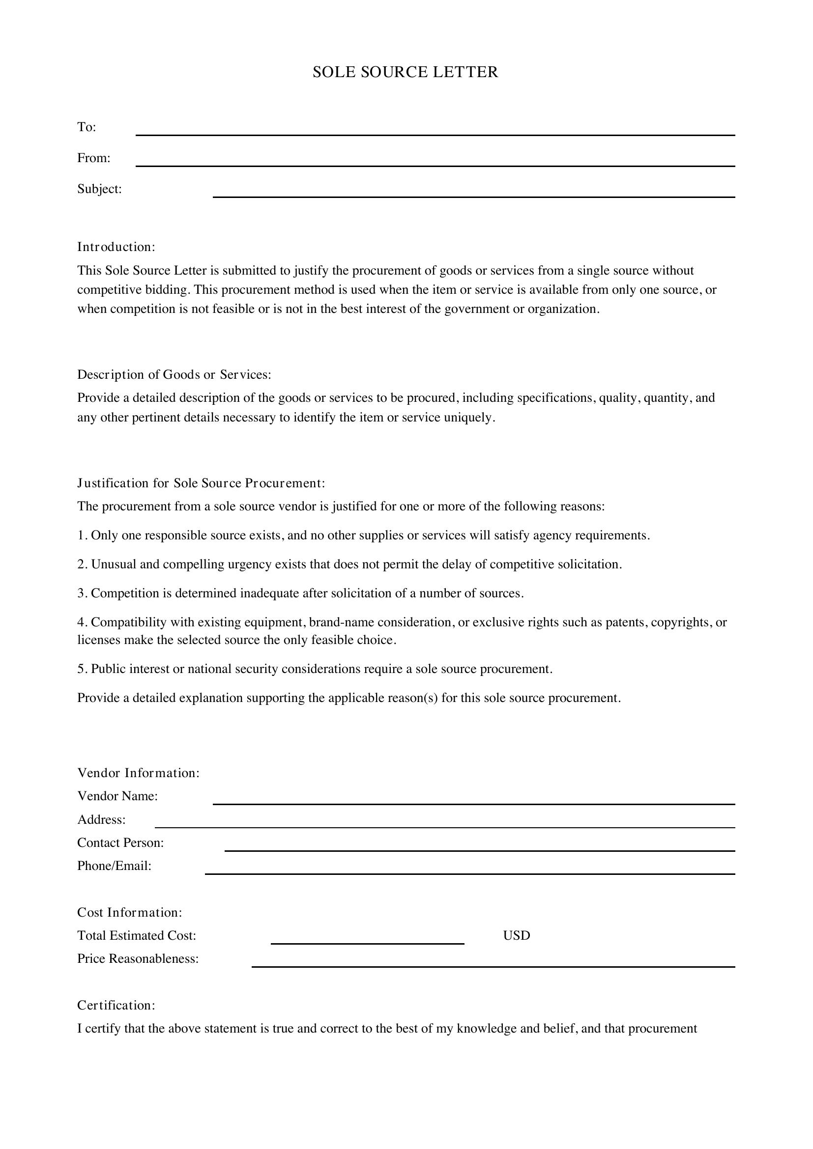 Sole Source Letter Template - US