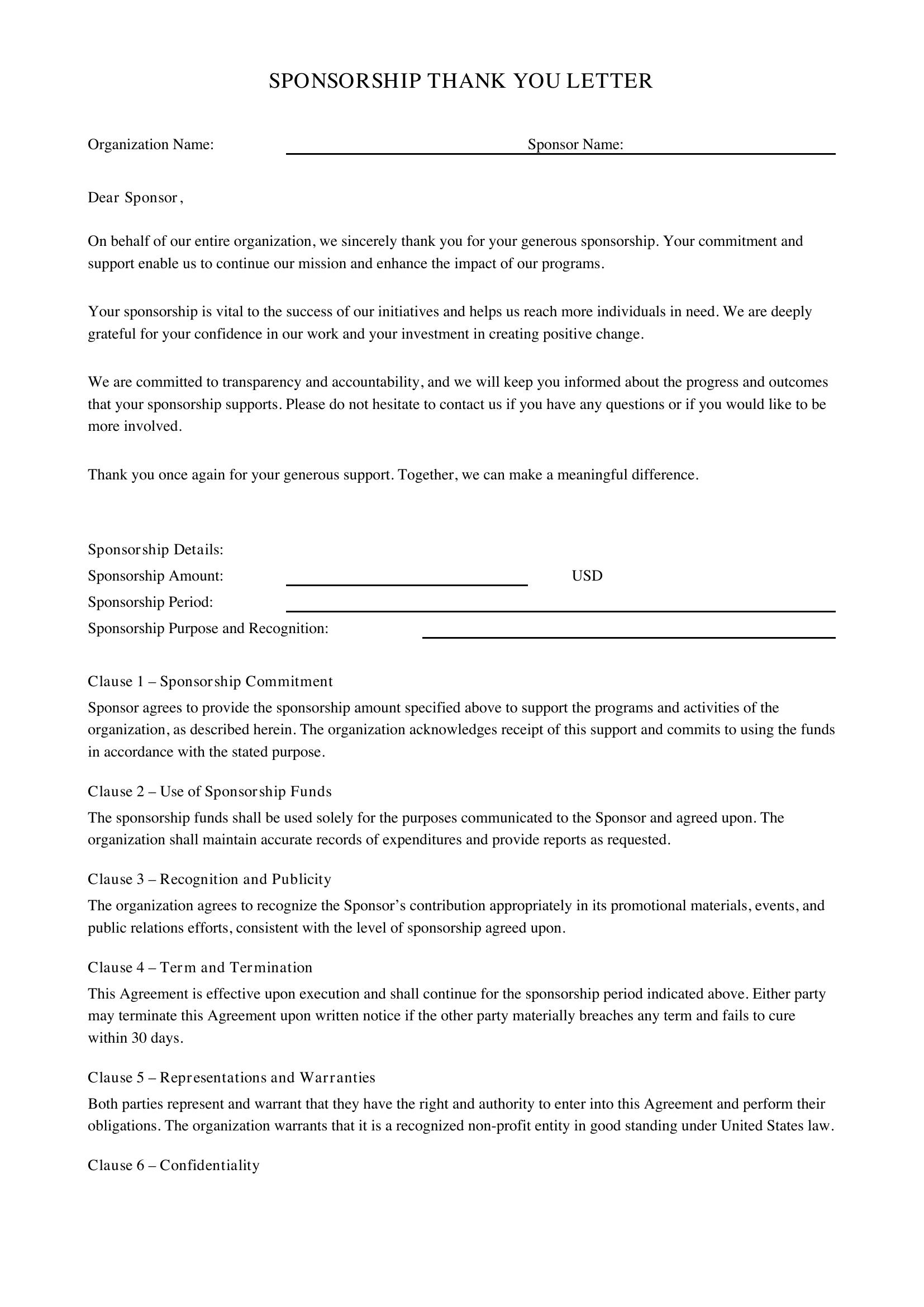 Sponsorship Thank You Letter Template US