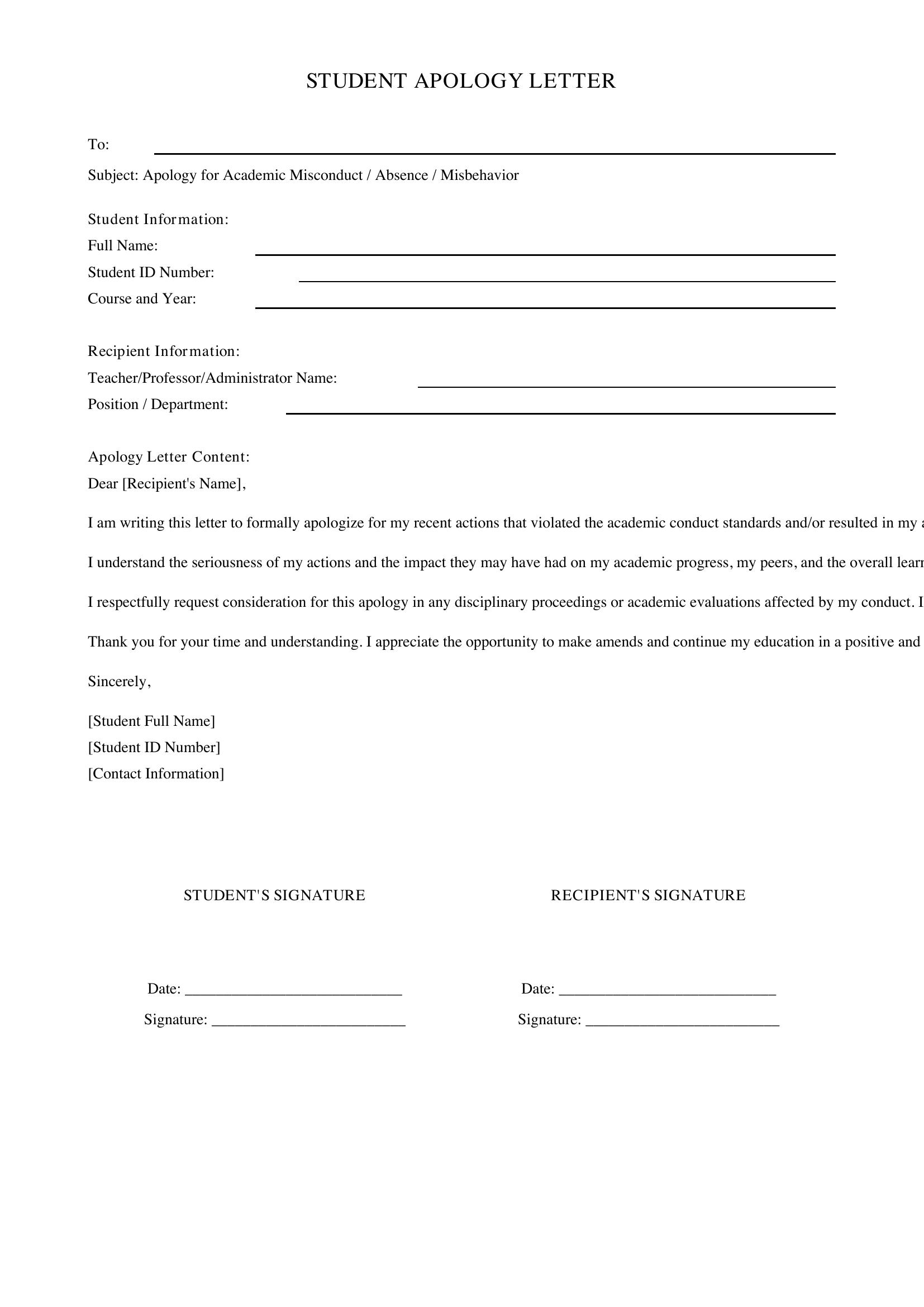 Student Apology Letter Template - US