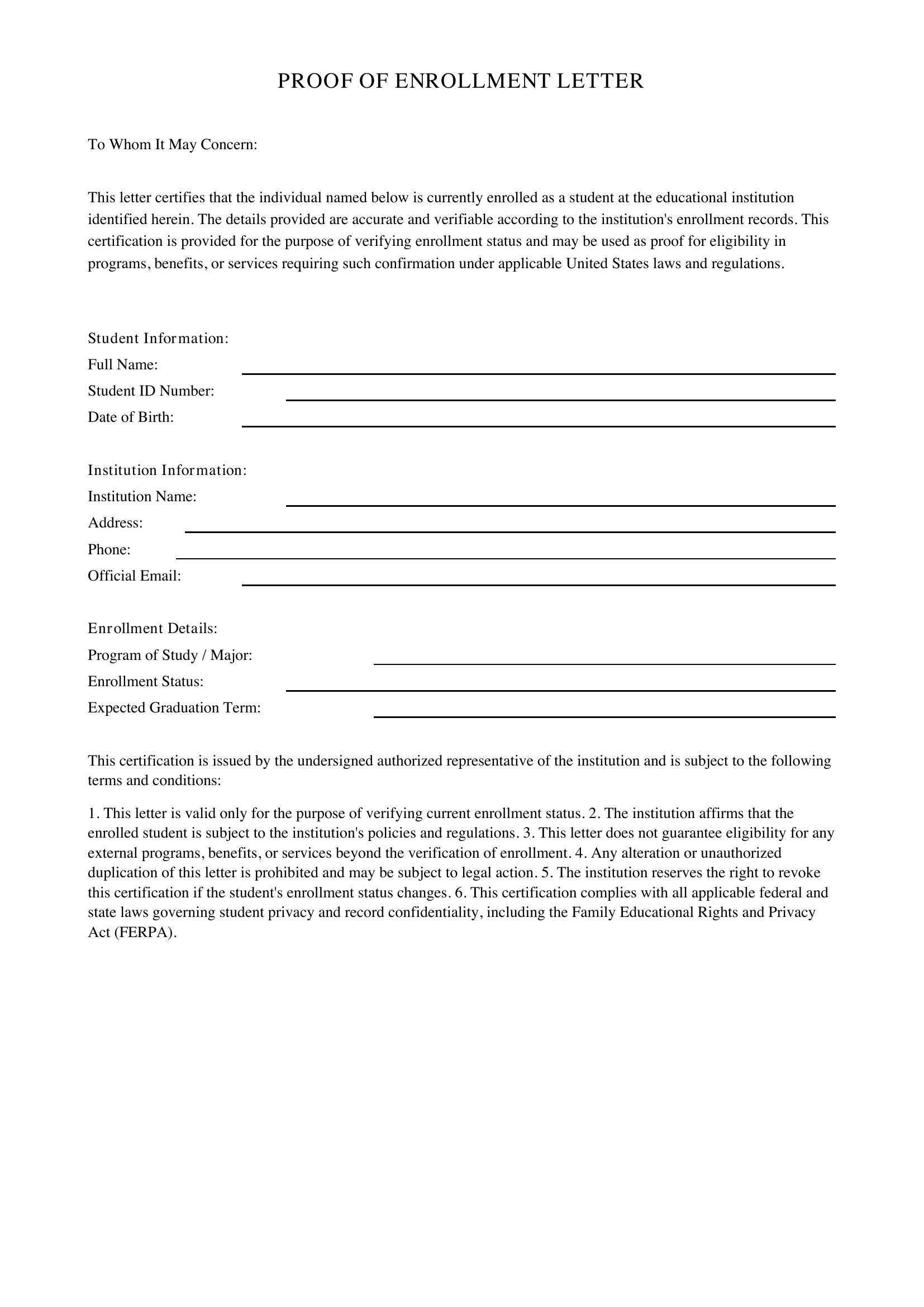 Student Proof Of Enrollment Letter Template - US