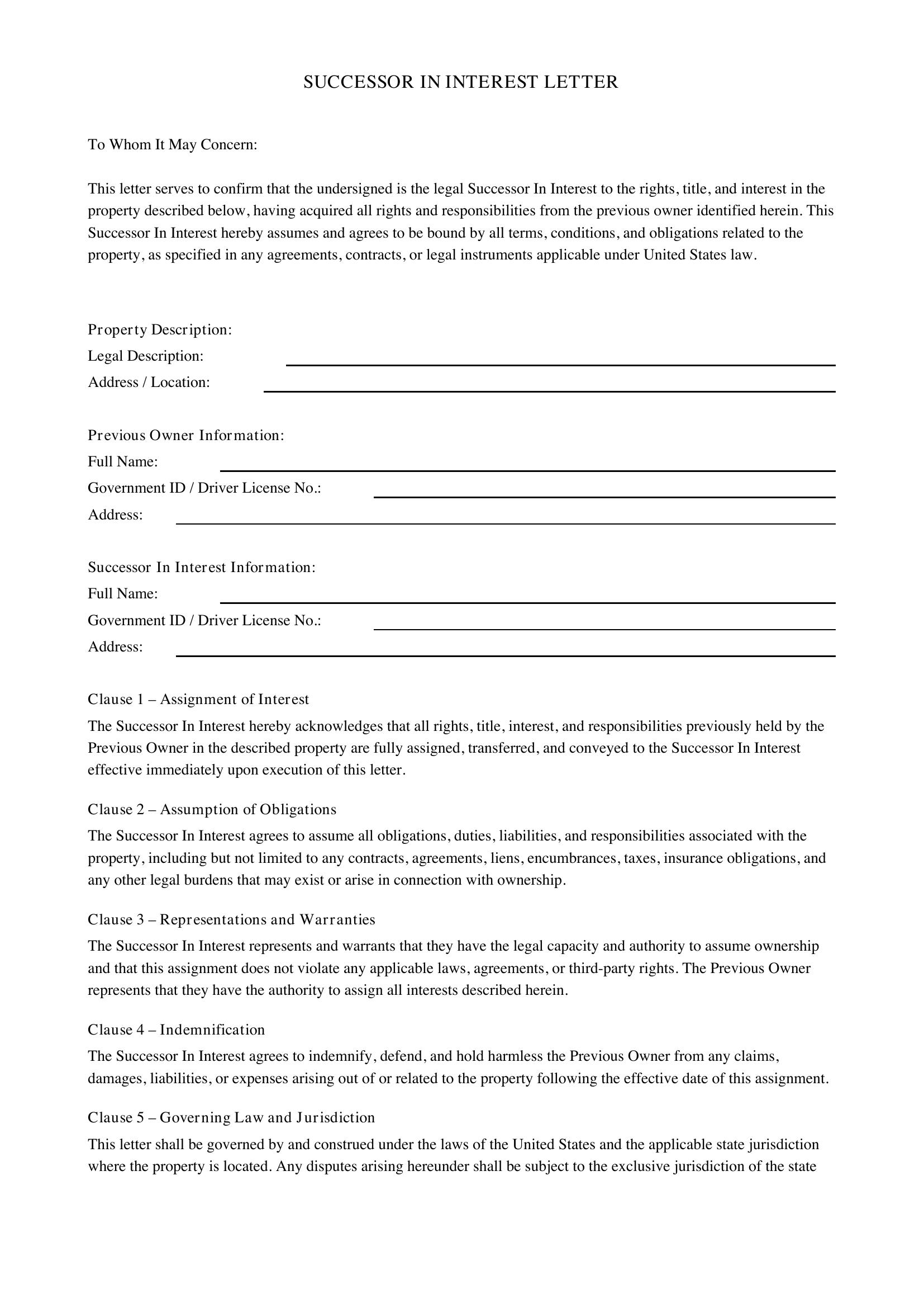 Successor In Interest Letter Template - US