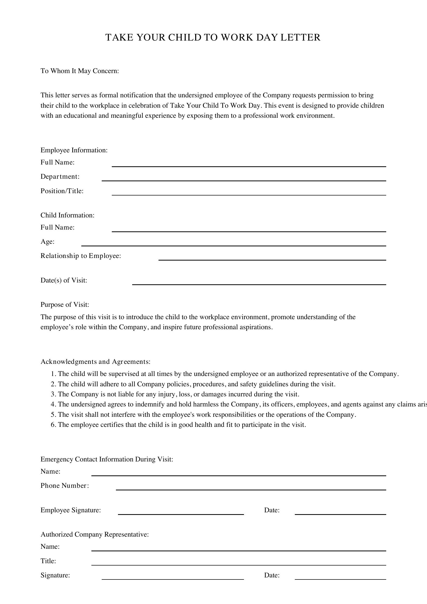 Take Your Child To Work Day Letter Template - US