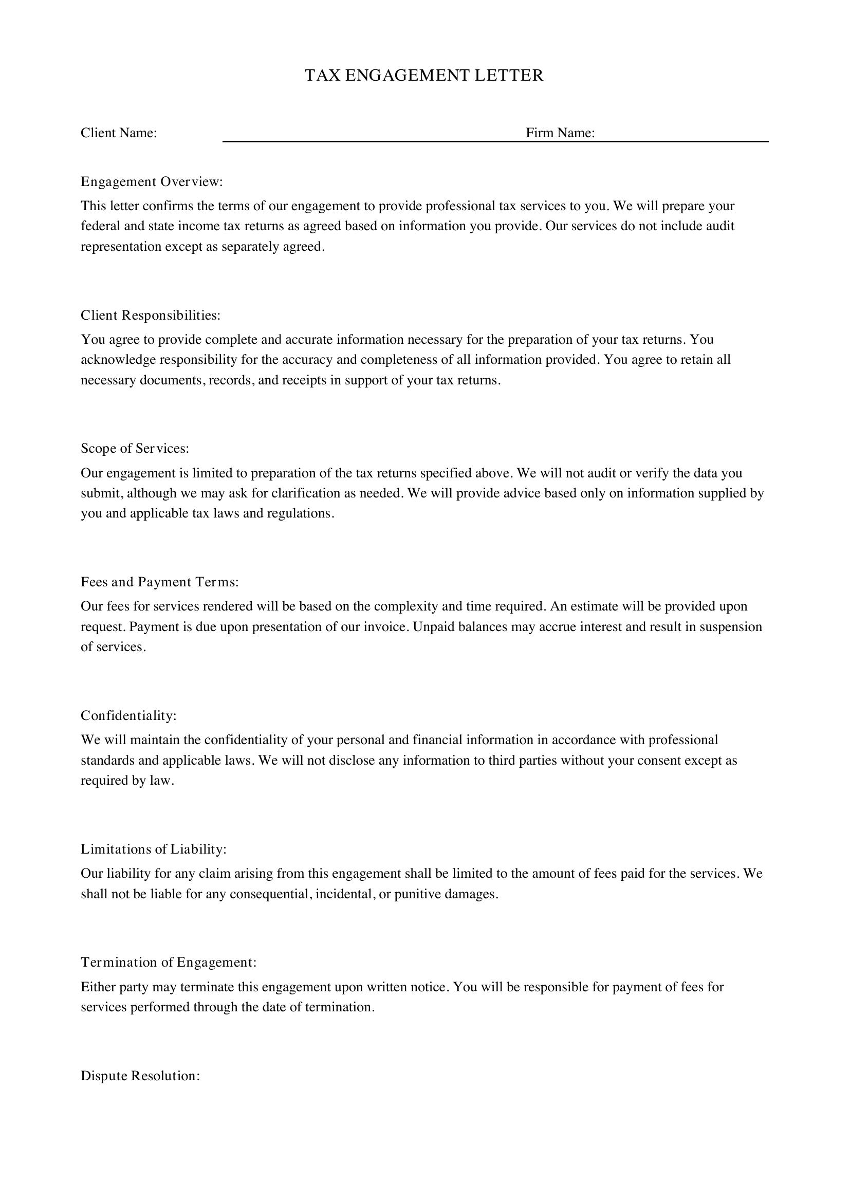 Tax Engagement Letter Template - US