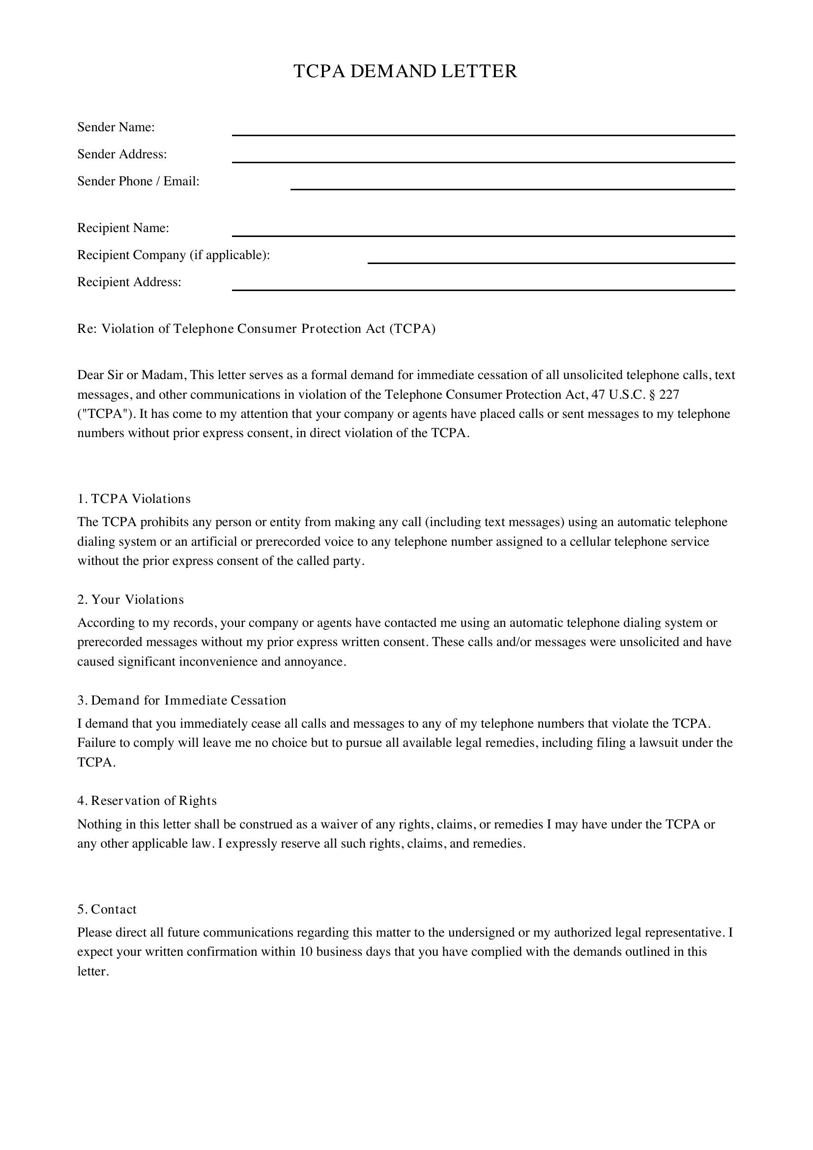 Tcpa Demand Letter Template - US