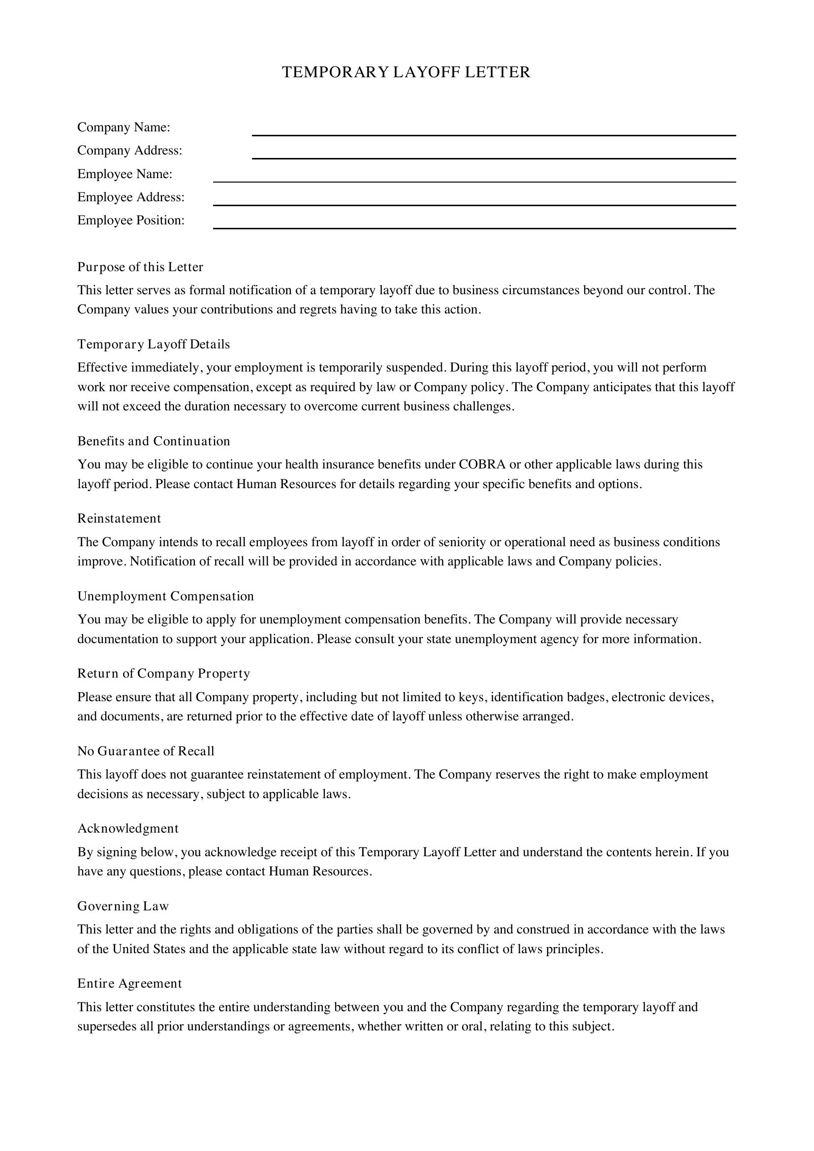 Temporary Layoff Letter Template - US